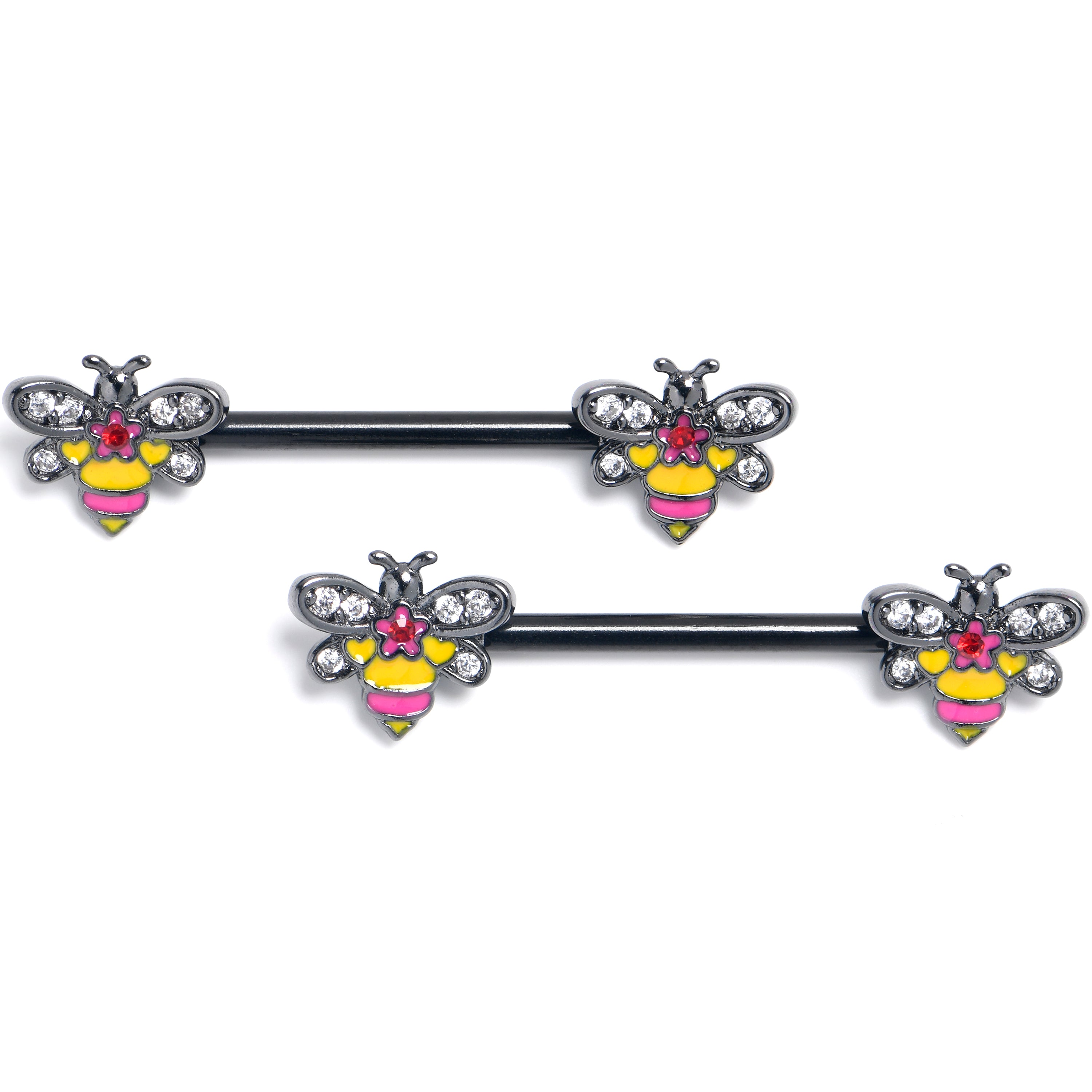 14 Gauge 9/16 Clear CZ Gem Black Bright Bee Beauty Nipple Ring Set