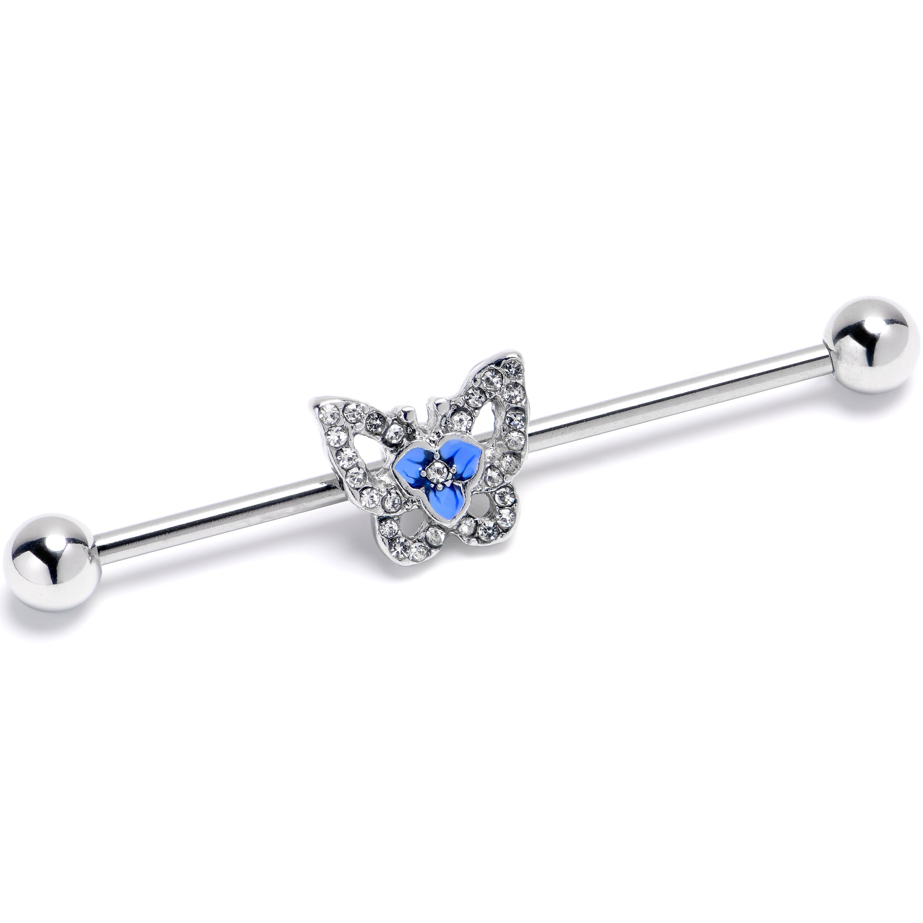 14 Gauge Clear Gem Fabulous Butterfly Blue Industrial Barbell 38mm