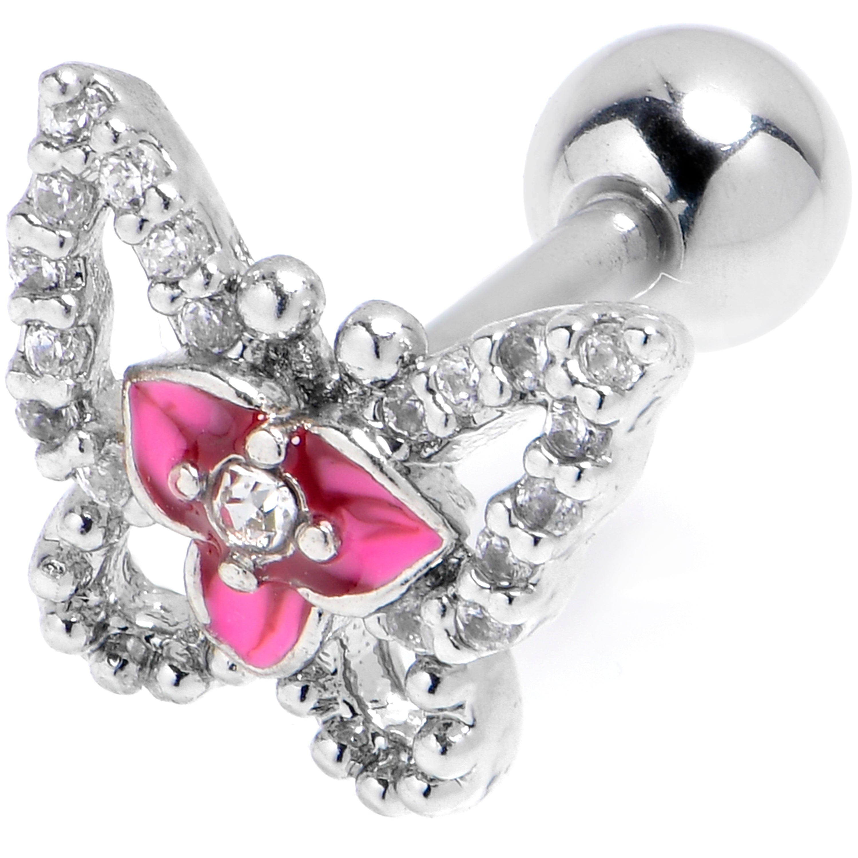 16 Gauge 1/4 Clear Gem Fabulous Butterfly Pink Cartilage Tragus Earring