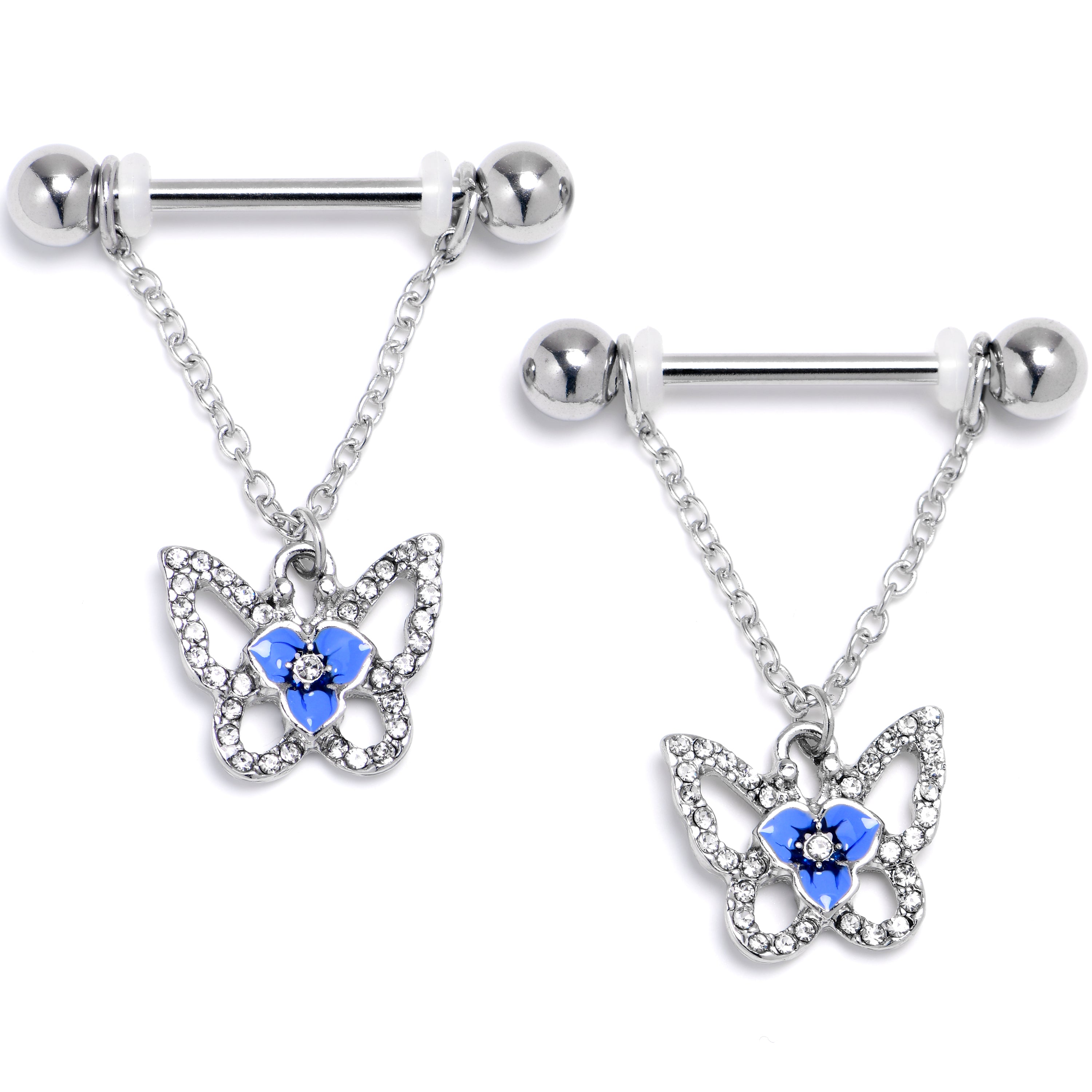 14 Gauge 9/16 Clear Gem Fabulous Butterfly Blue Dangle Nipple Ring Set