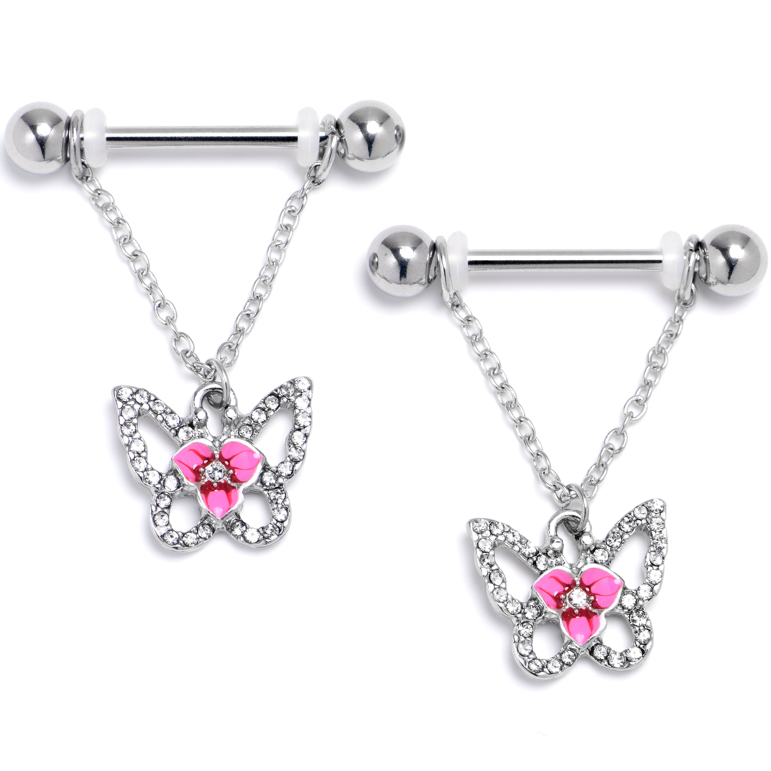 14 Gauge 9/16 Clear Gem Fabulous Butterfly Pink Dangle Nipple Ring Set