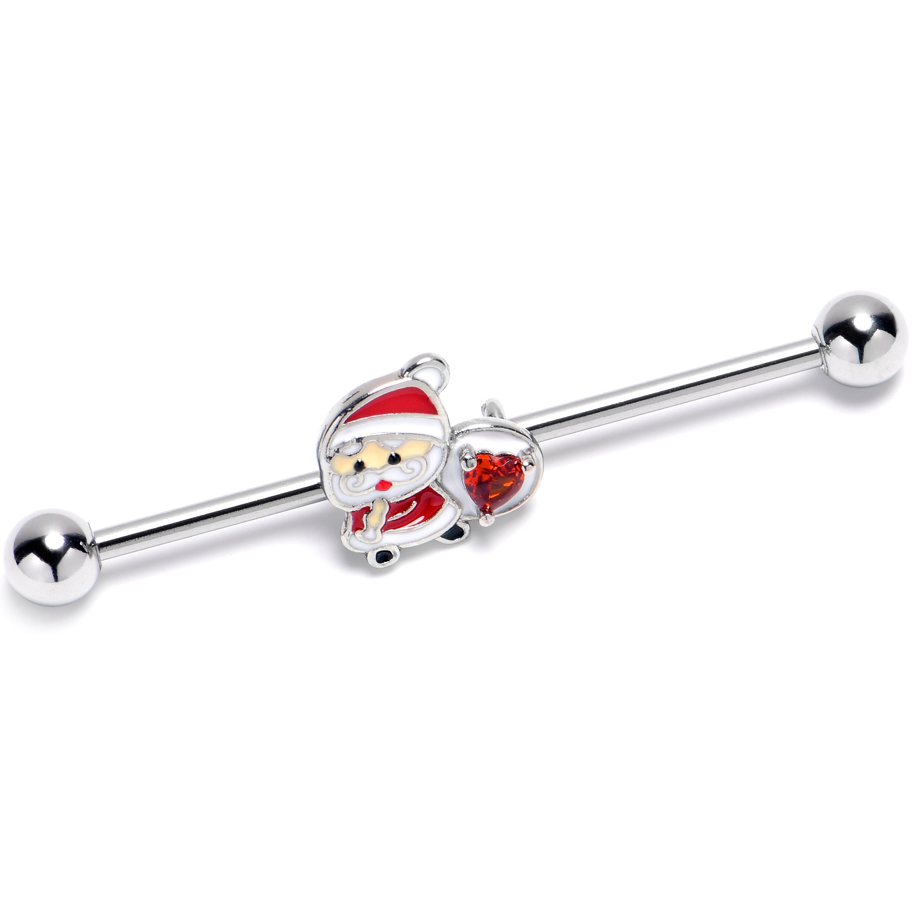 14 Gauge Red Gem Santa Heart Bag Holiday Industrial Barbell 38mm