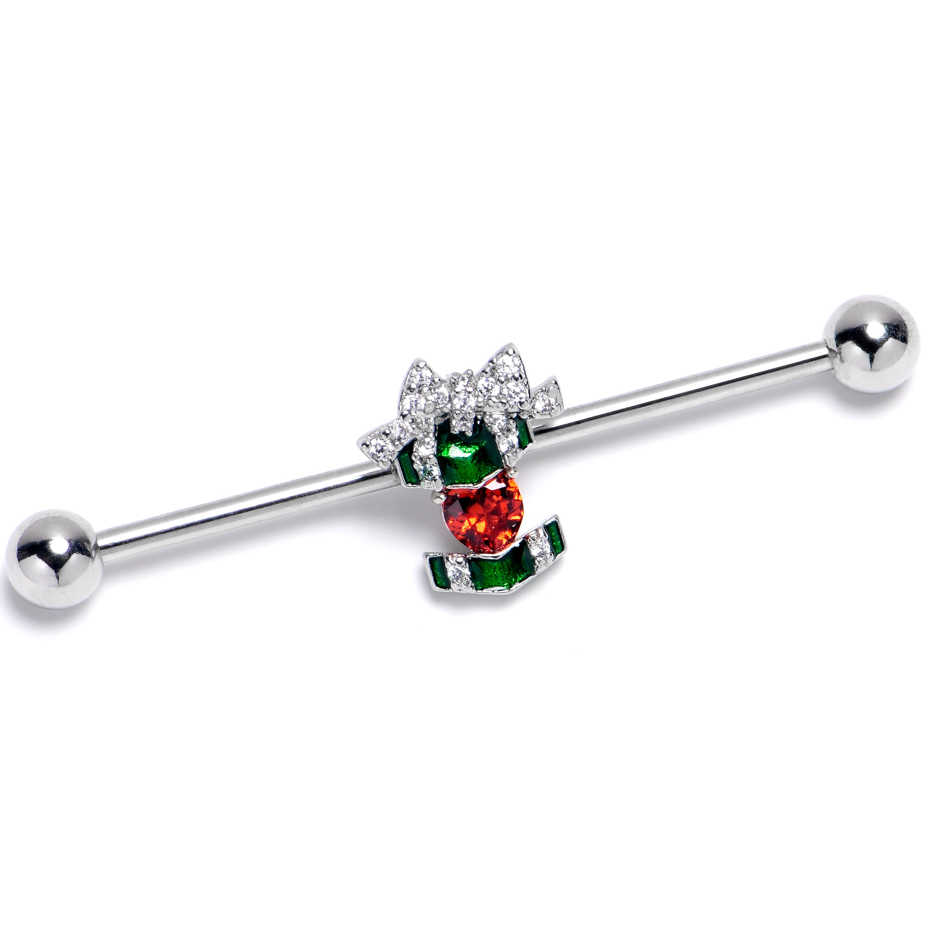 14 Gauge Red Green Gem Holiday Abstract Heart Industrial Barbell 38mm