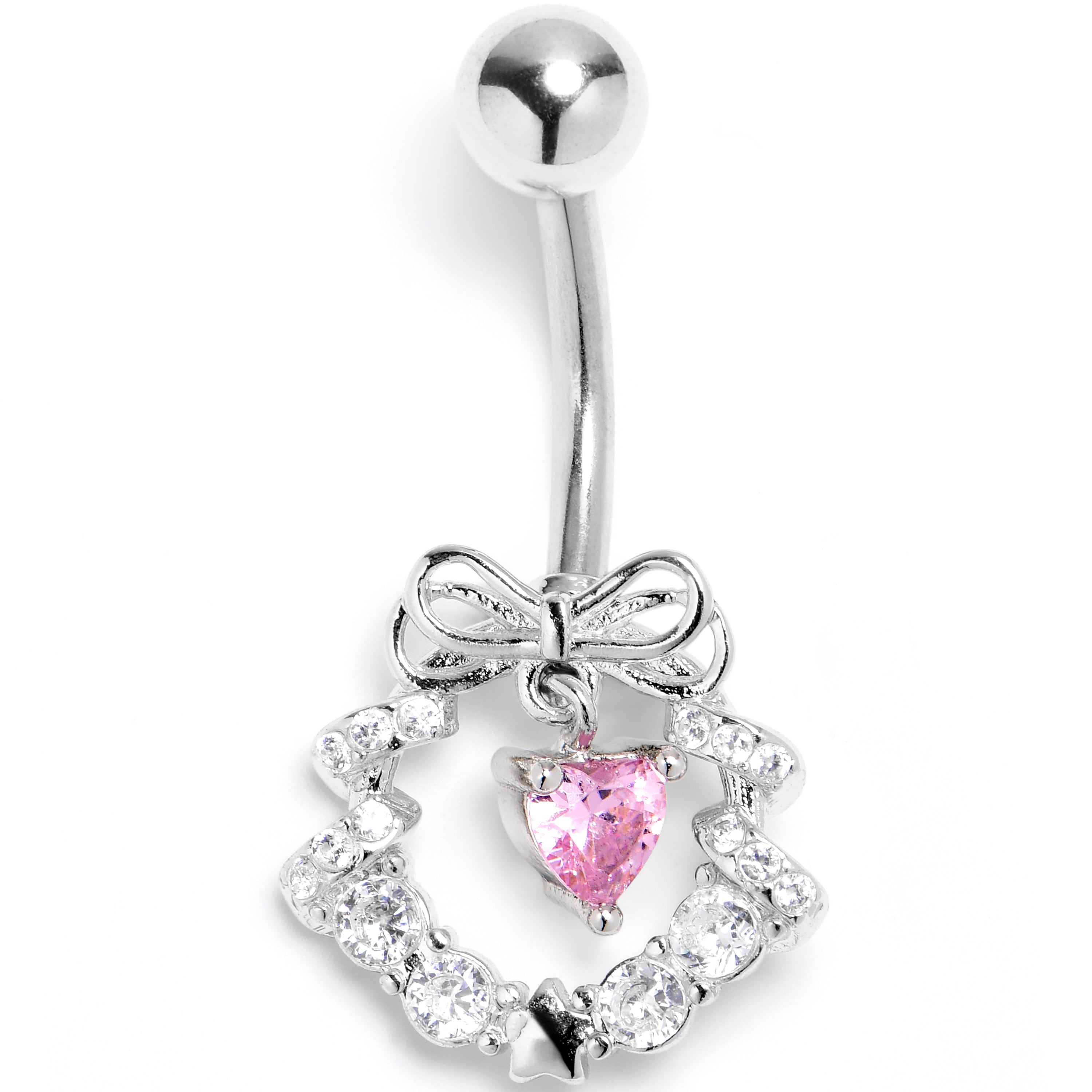 Clear Pink CZ Gem Heart Wreath of Love Belly Ring