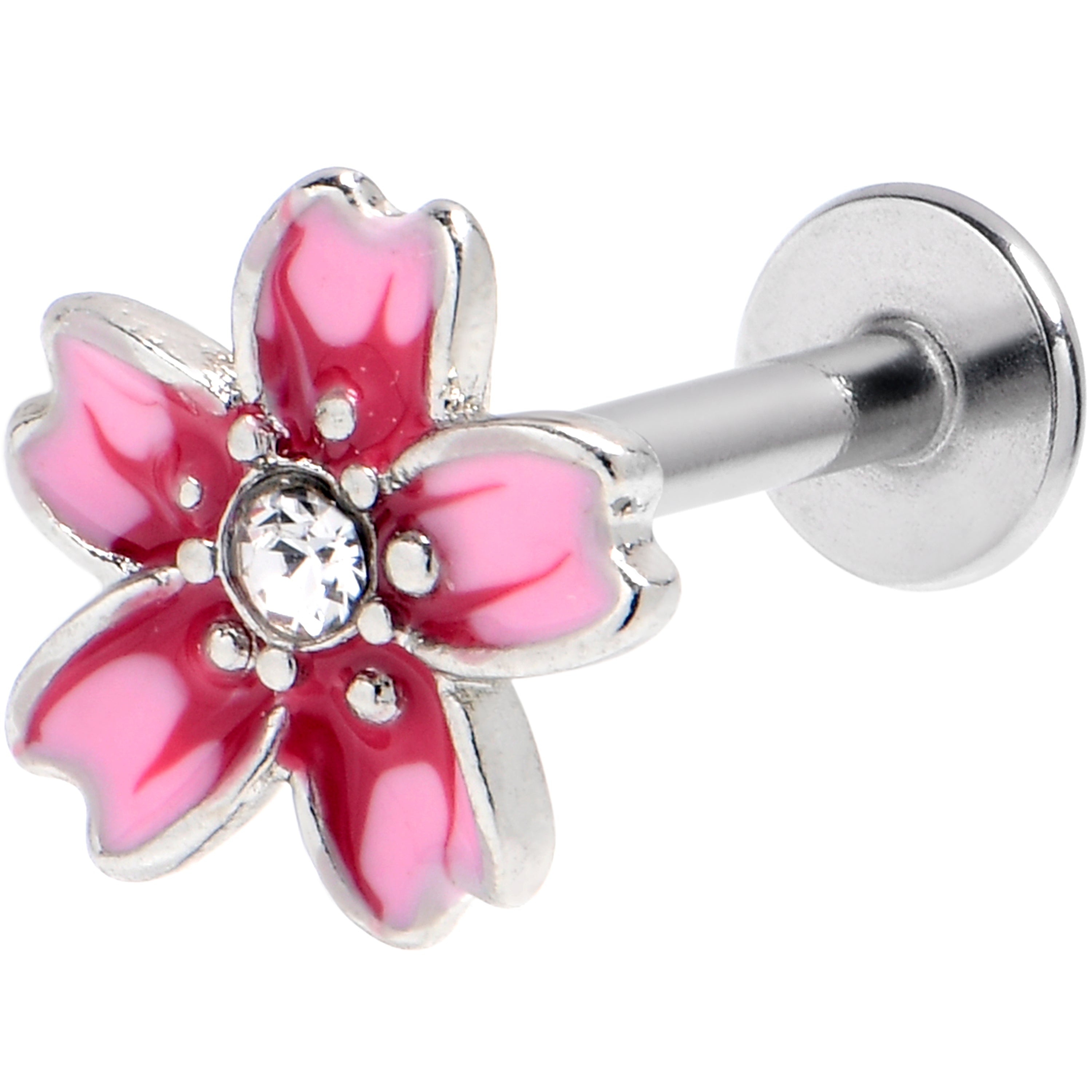 16 Gauge 5/16 Clear Gem Perfect Pink Flower Labret Monroe Tragus