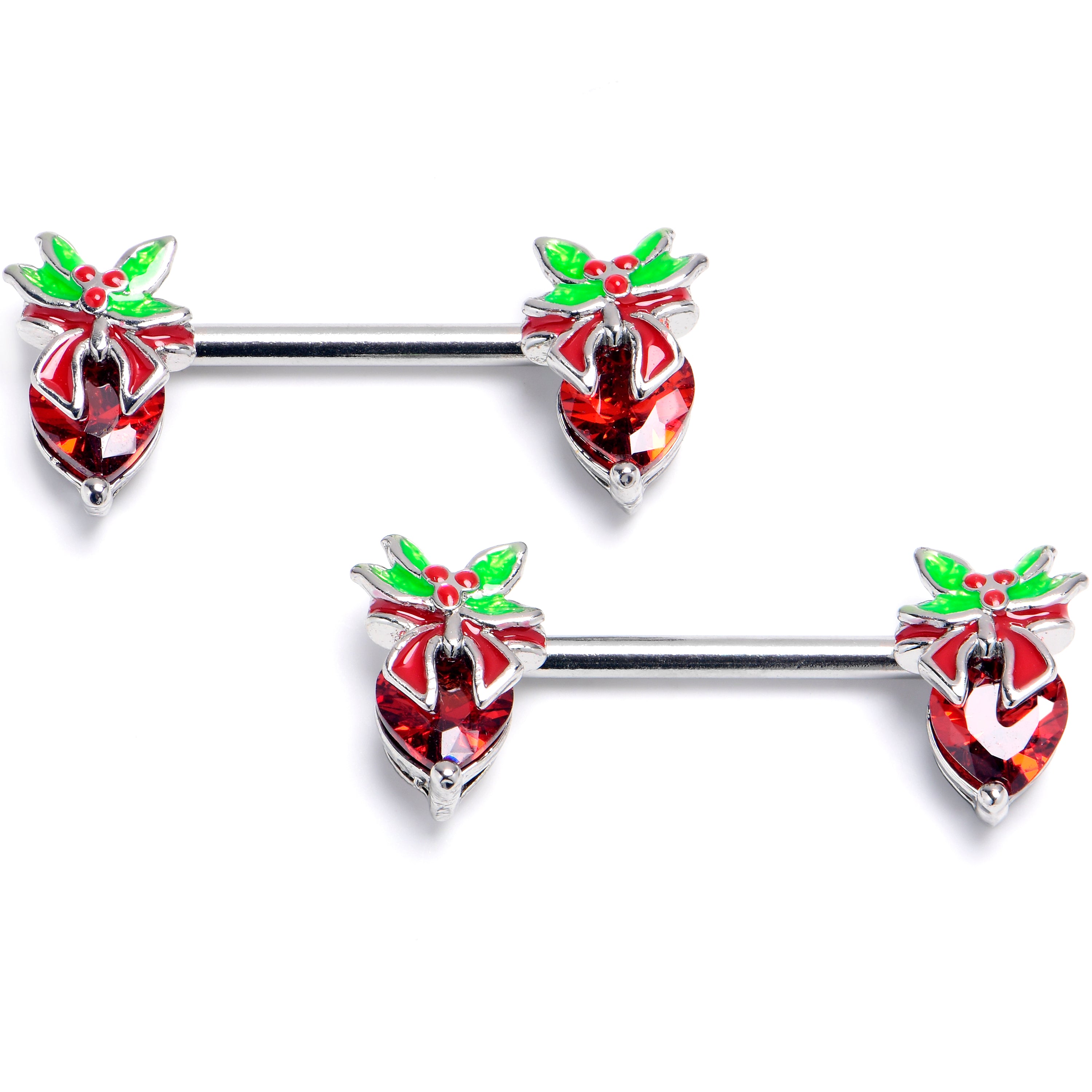 14 Gauge 9/16 Red Gem Festive Holiday Ornament Barbell Nipple Ring Set