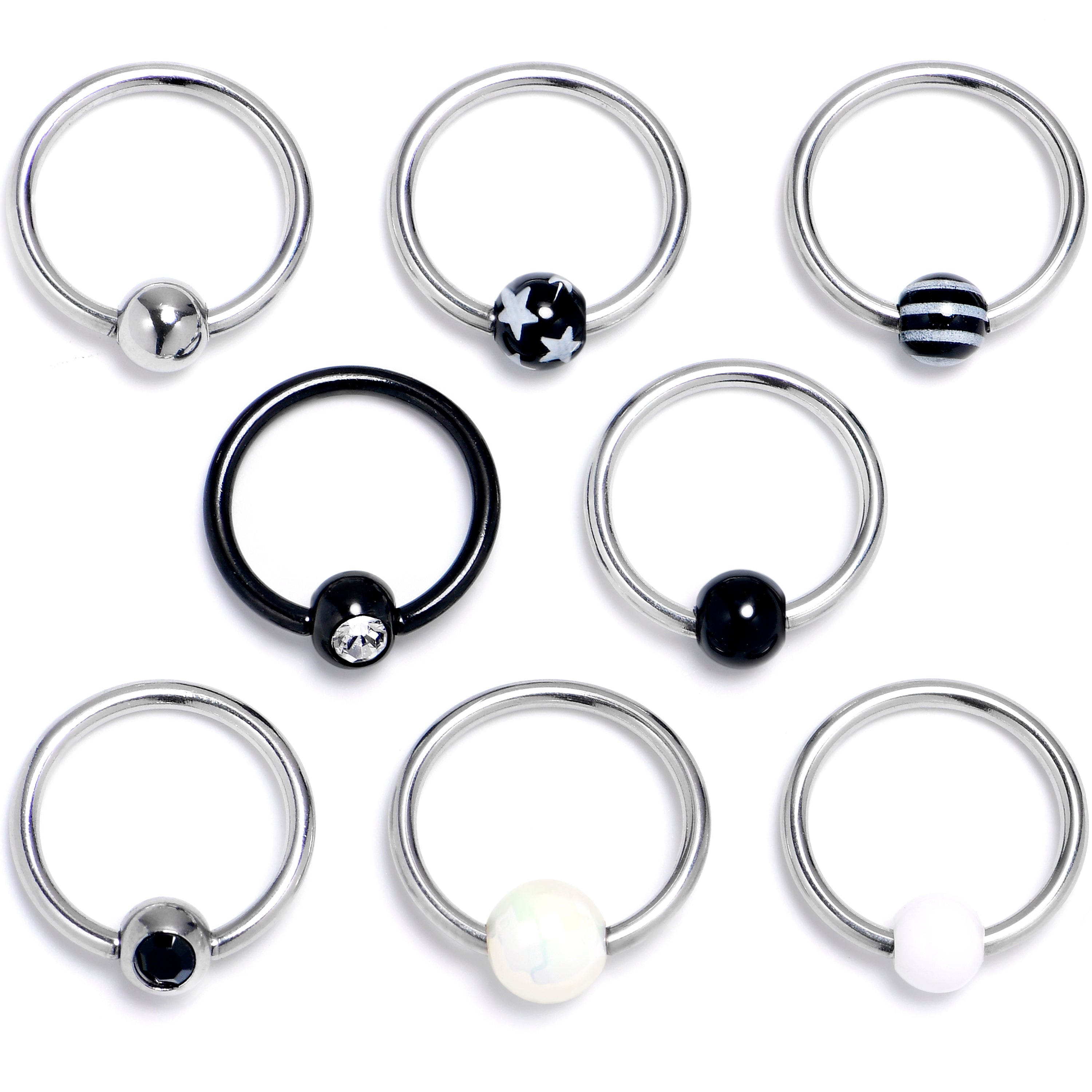 16 Gauge 3/8 Clear Black Gem Mix Black White BCR Captive Ring Set of 8