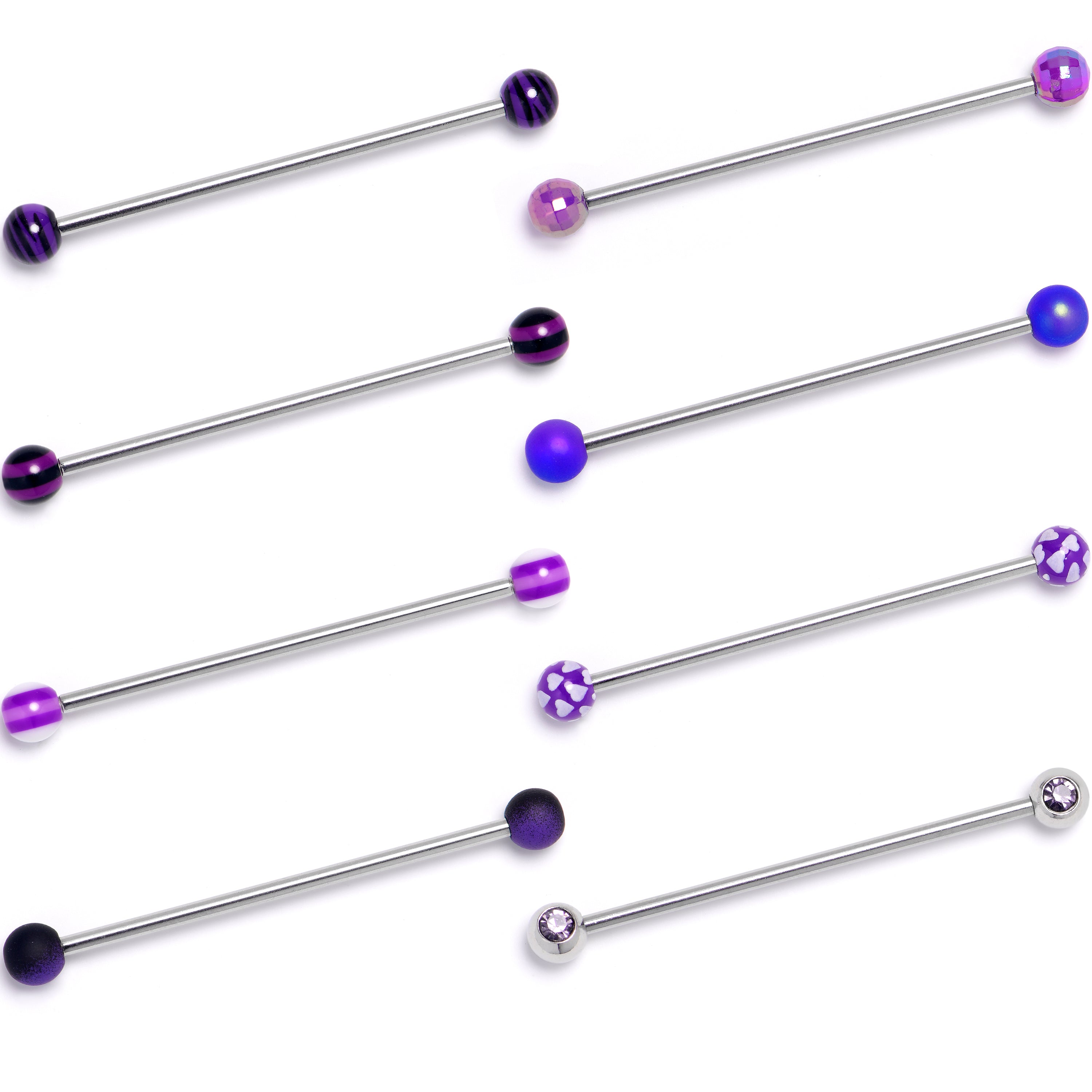 14 Gauge Purple Gem Hearts Black Blue Industrial Barbell 38mm Set of 8