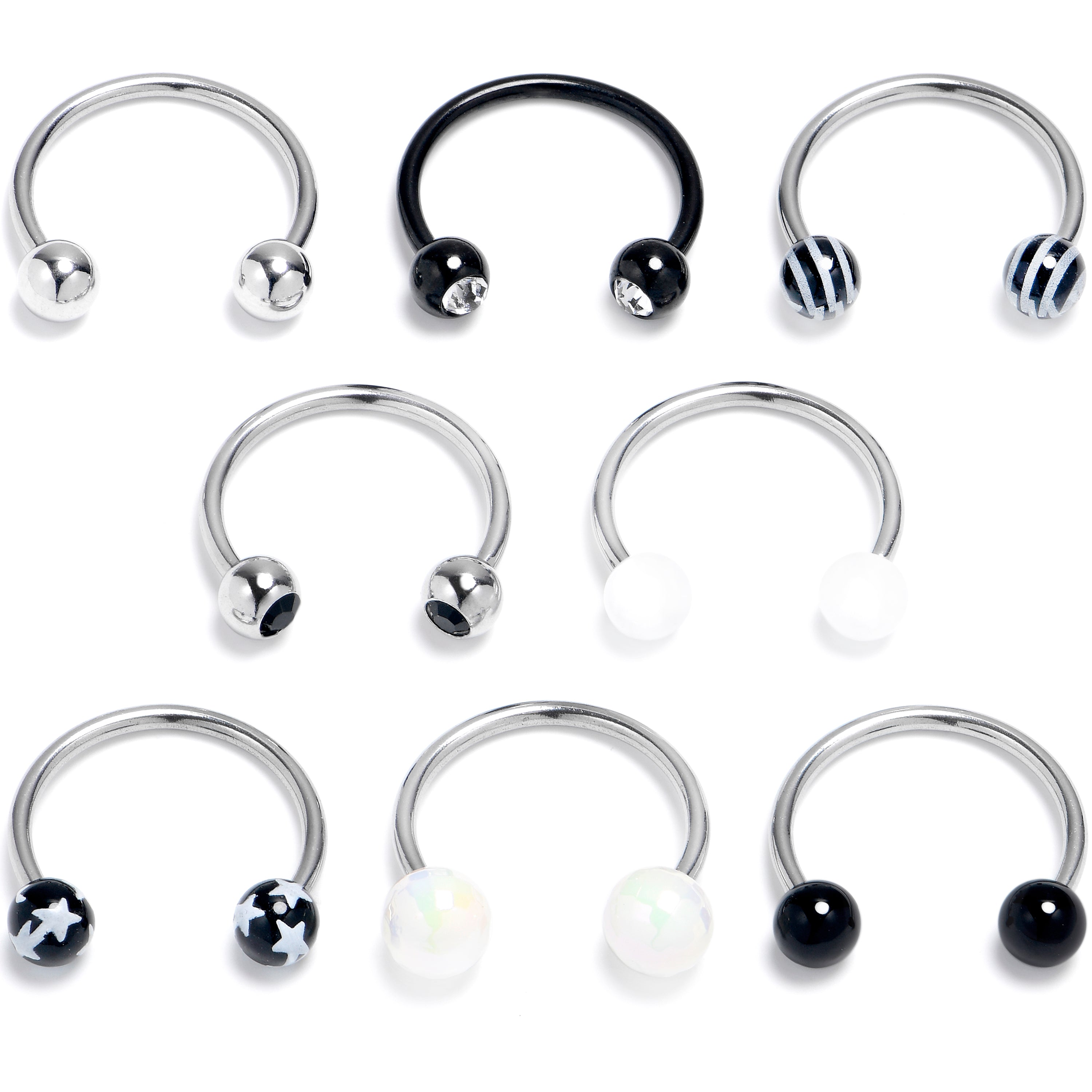 16 Gauge 3/8 Pattern Black White Horseshoe Circular Barbell Set of 8