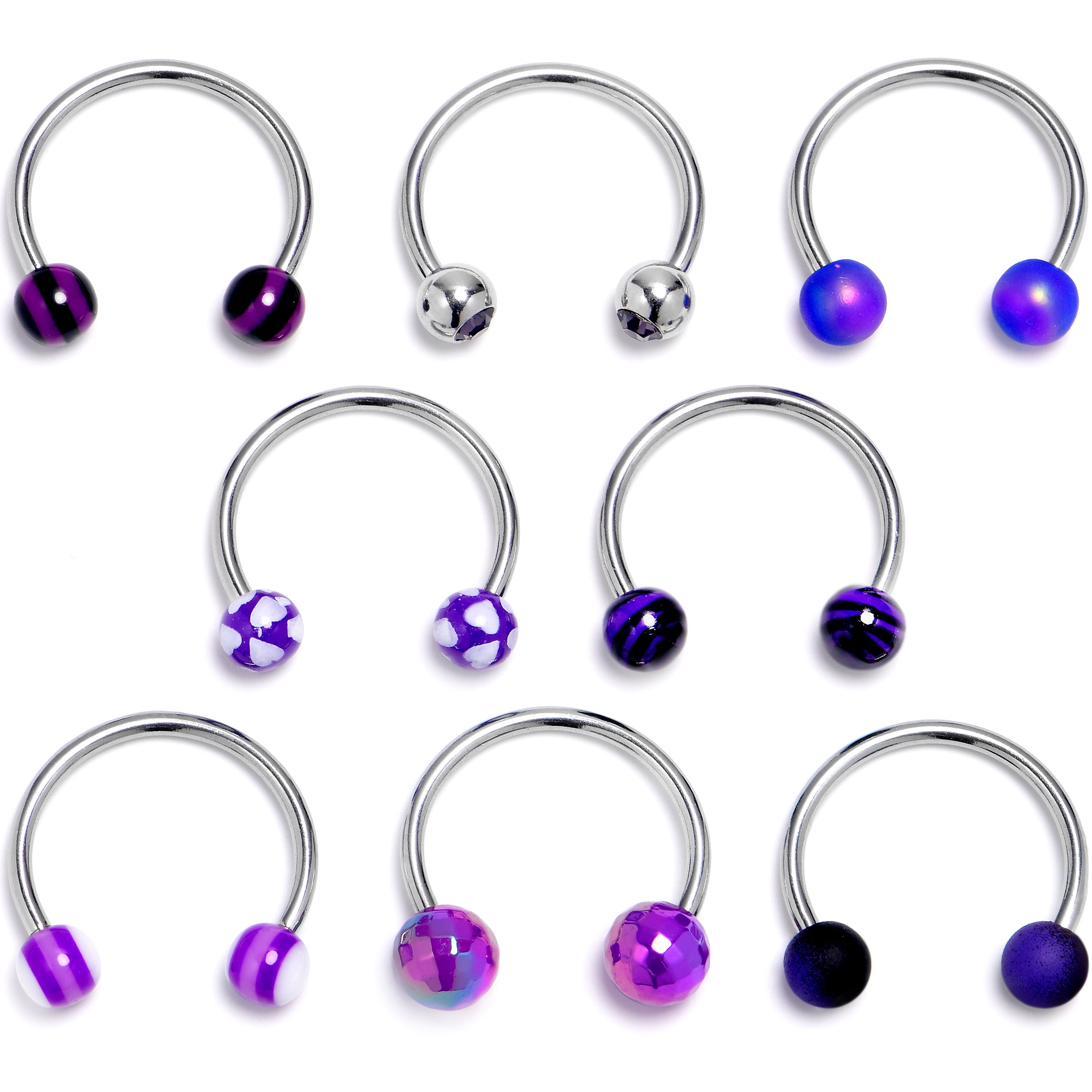 16 Gauge 3/8 Pattern Purple White Horseshoe Circular Barbell Set of 8