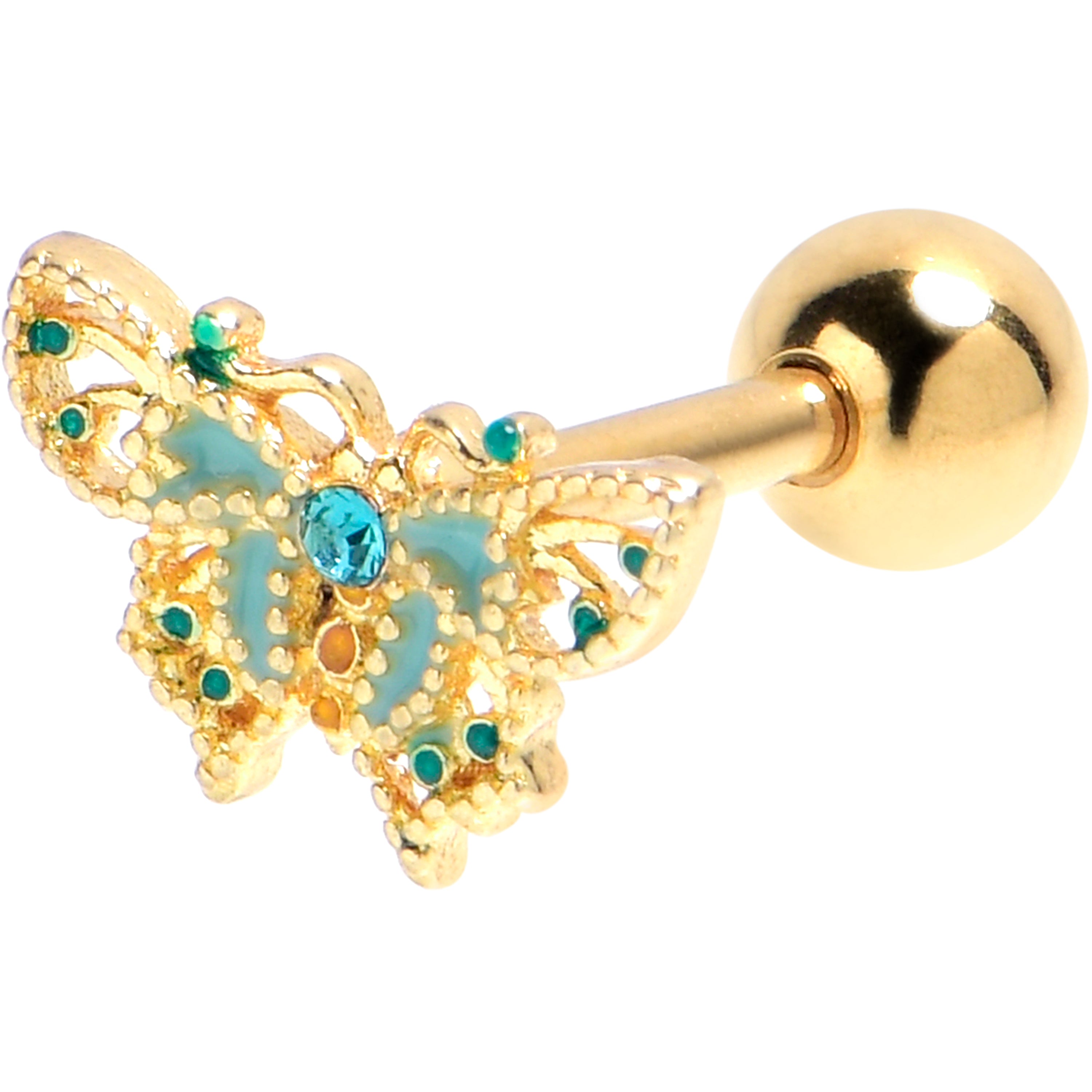 16 Gauge 1/4 Blue Gem Gold Tone Ribbon Butterfly Cartilage Earring