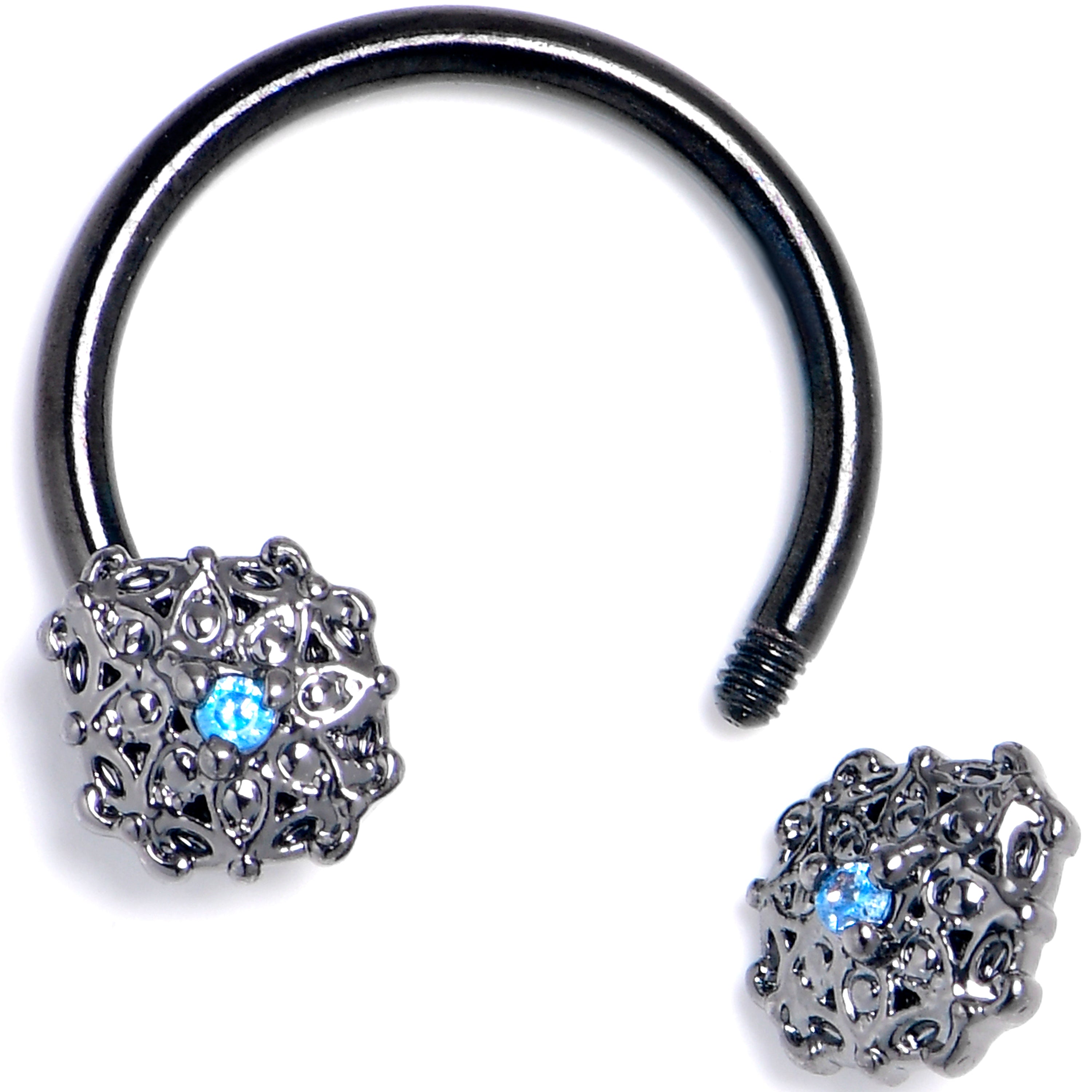 16 Gauge 3/8 Blue Gem Black Blossom Bloom Horseshoe Circular Barbell