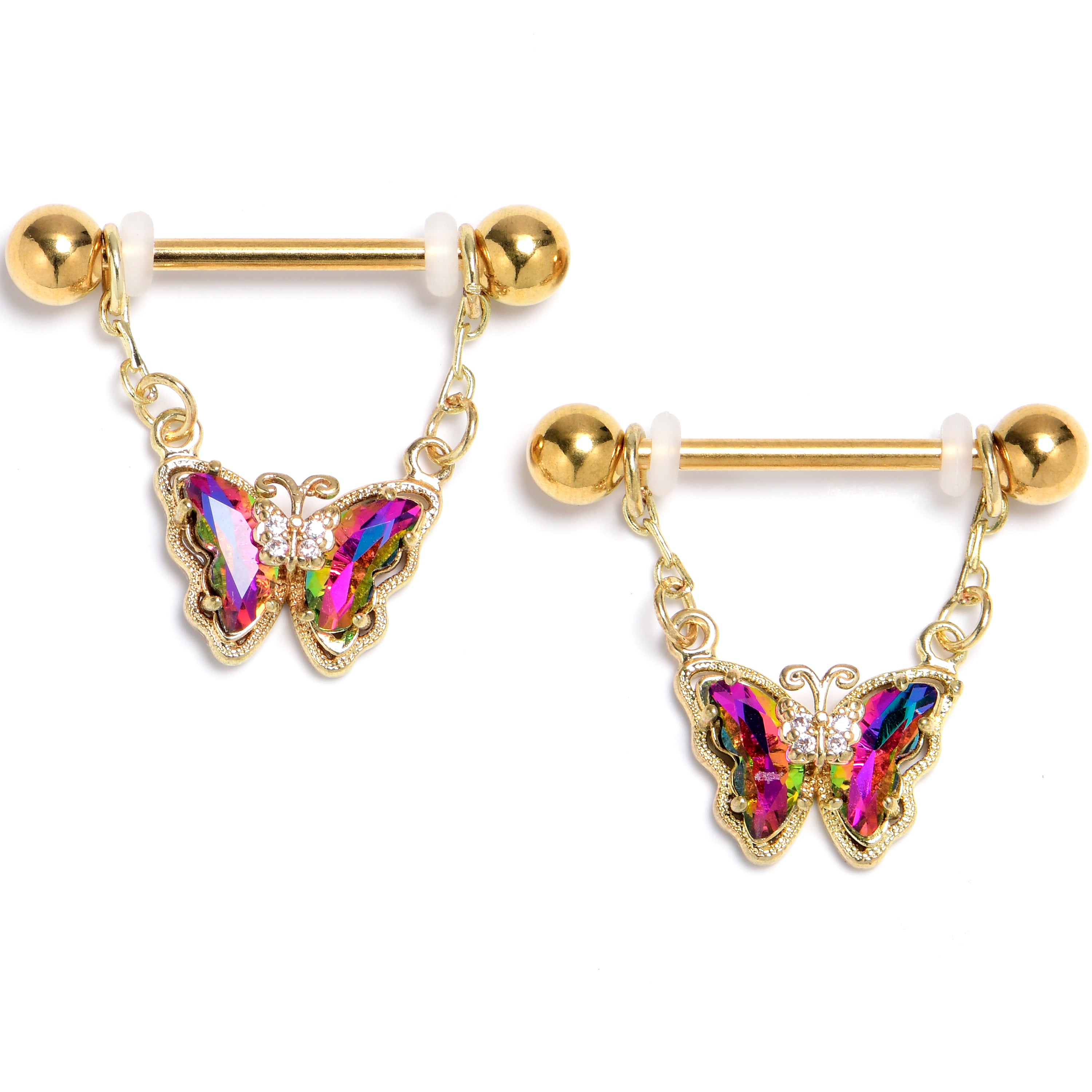 14 Gauge 9/16 Vitrail Gem Gold Tone Classic Butterfly Dangle Nipple Ring Set