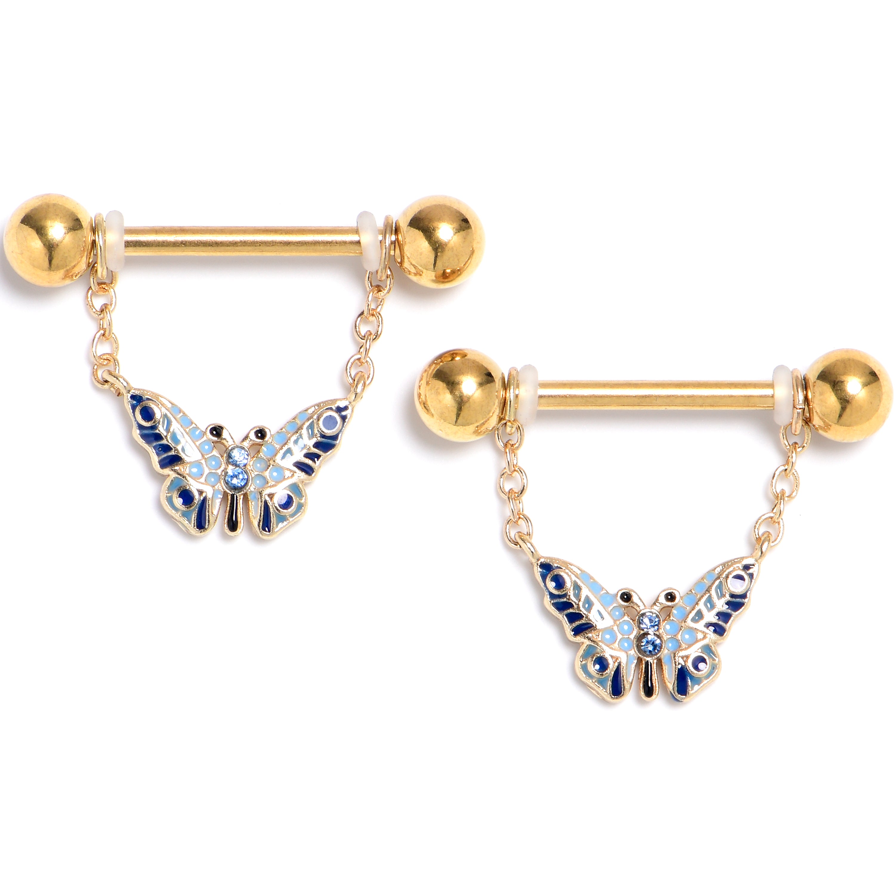 14 Gauge 9/16 Blue Gem Gold Tone Evening Butterfly Dangle Nipple Ring Set