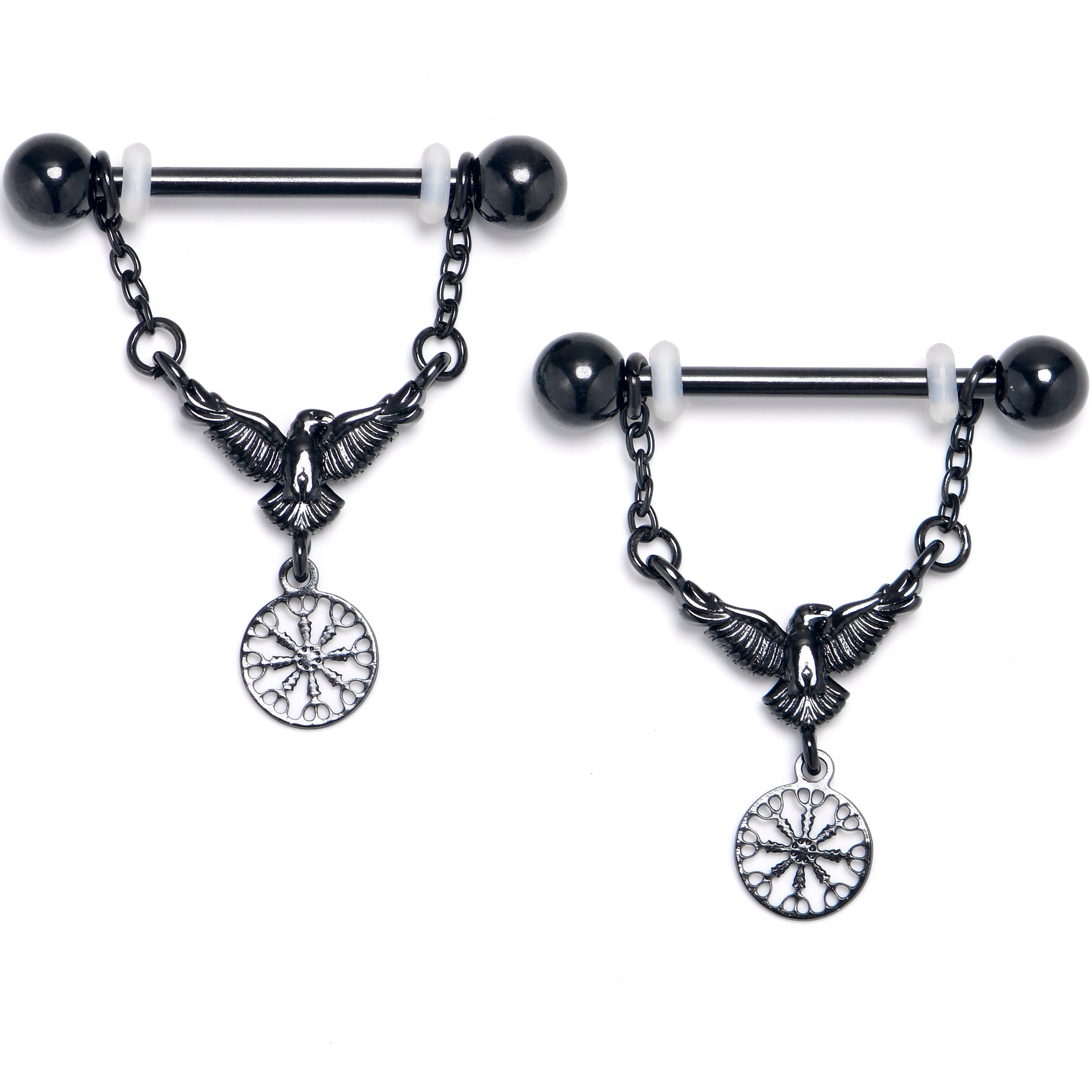 14 Gauge 9/16 Black Raven Bird Wheel Dangle Nipple Ring Set