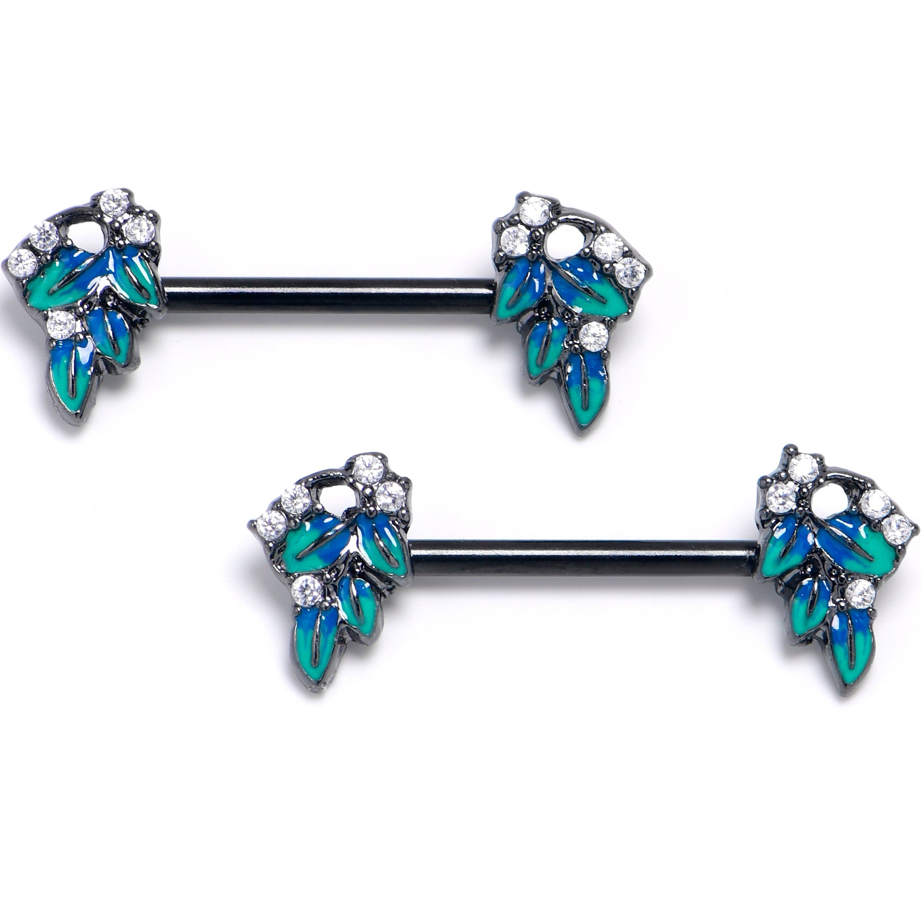 14 Gauge 9/16 Clear CZ Gem Black Lush Leaves Barbell Nipple Ring Set