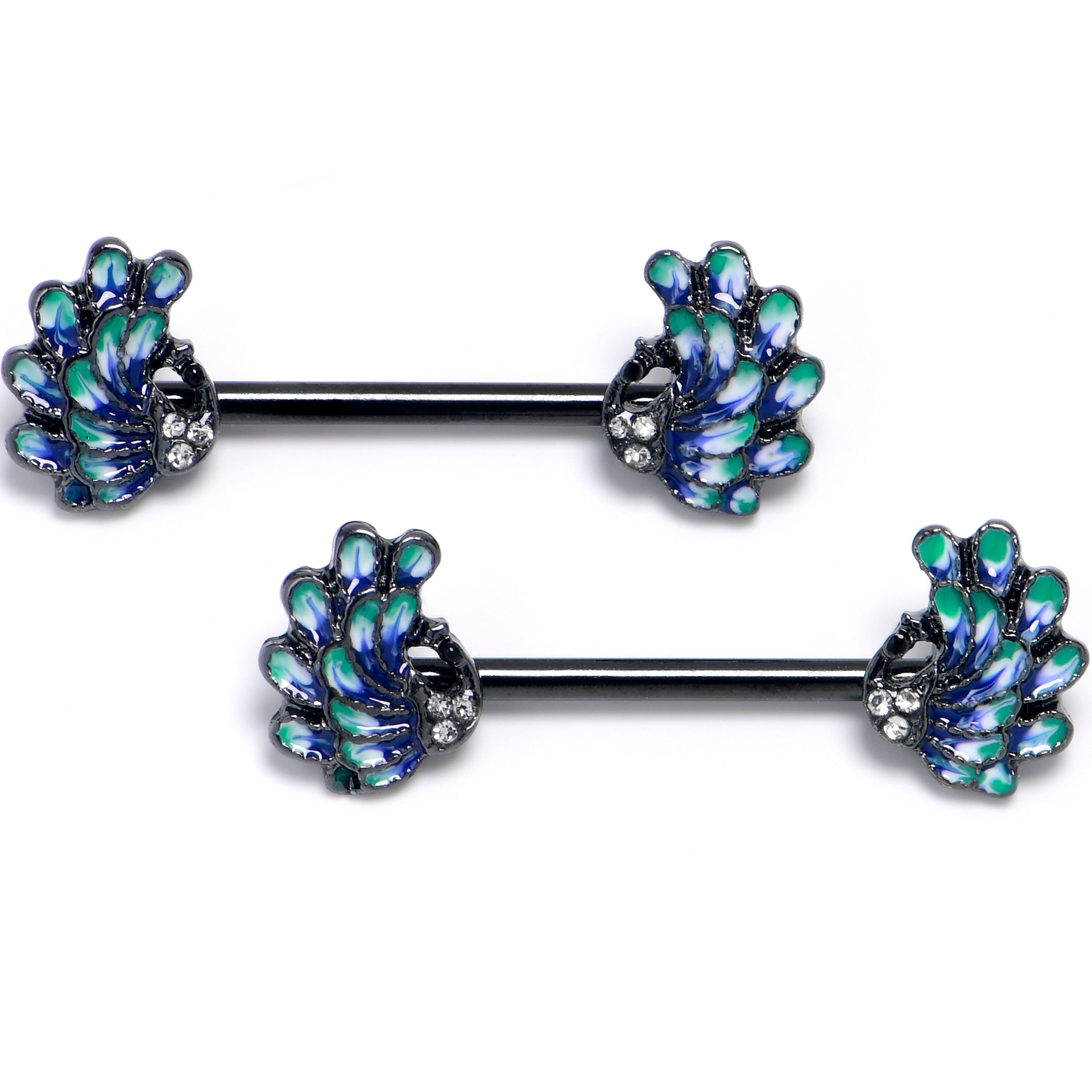 14 Gauge 9/16 Clear Gem Black Peacock Green Barbell Nipple Ring Set