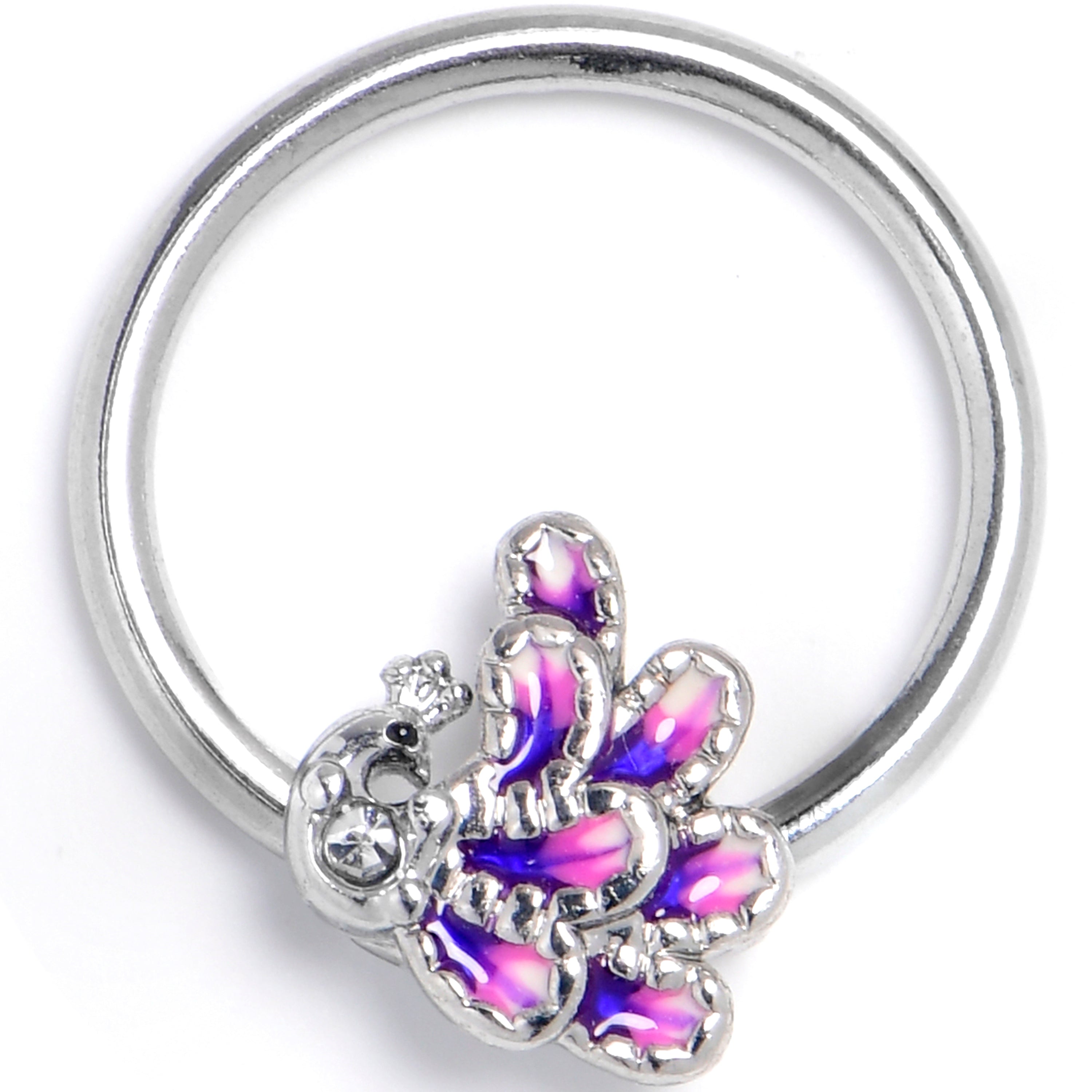 16 Gauge 3/8 Clear Gem Peacock Purple BCR Captive Ring