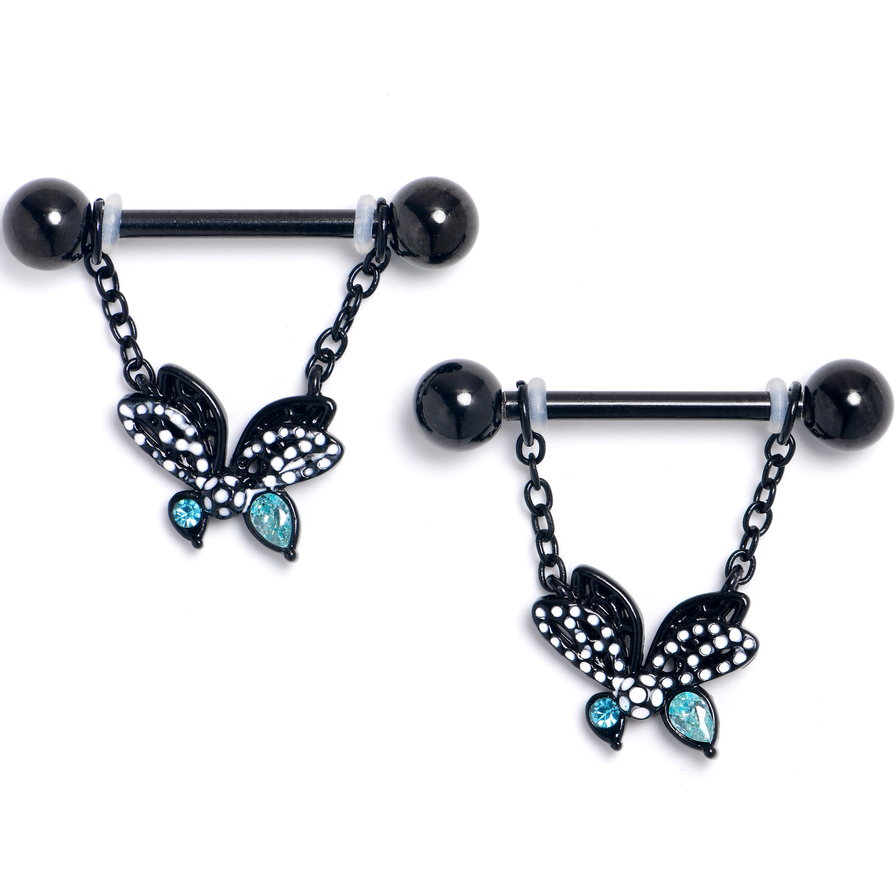 14 Gauge 9/16 Blue CZ Gem Black Night Drama Butterfly Nipple Ring Set