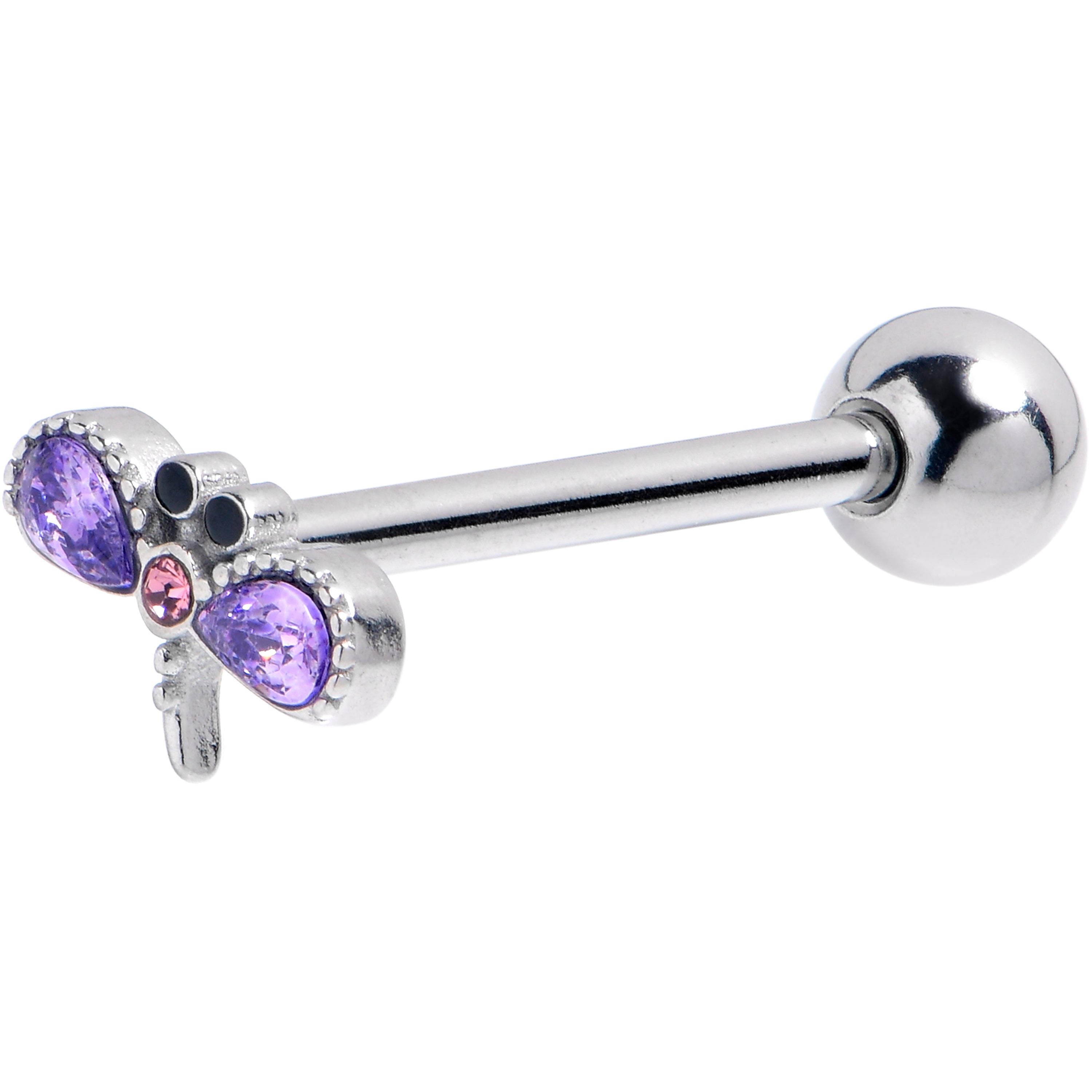 Purple Gem Embellished Dragonfly Barbell Tongue Ring