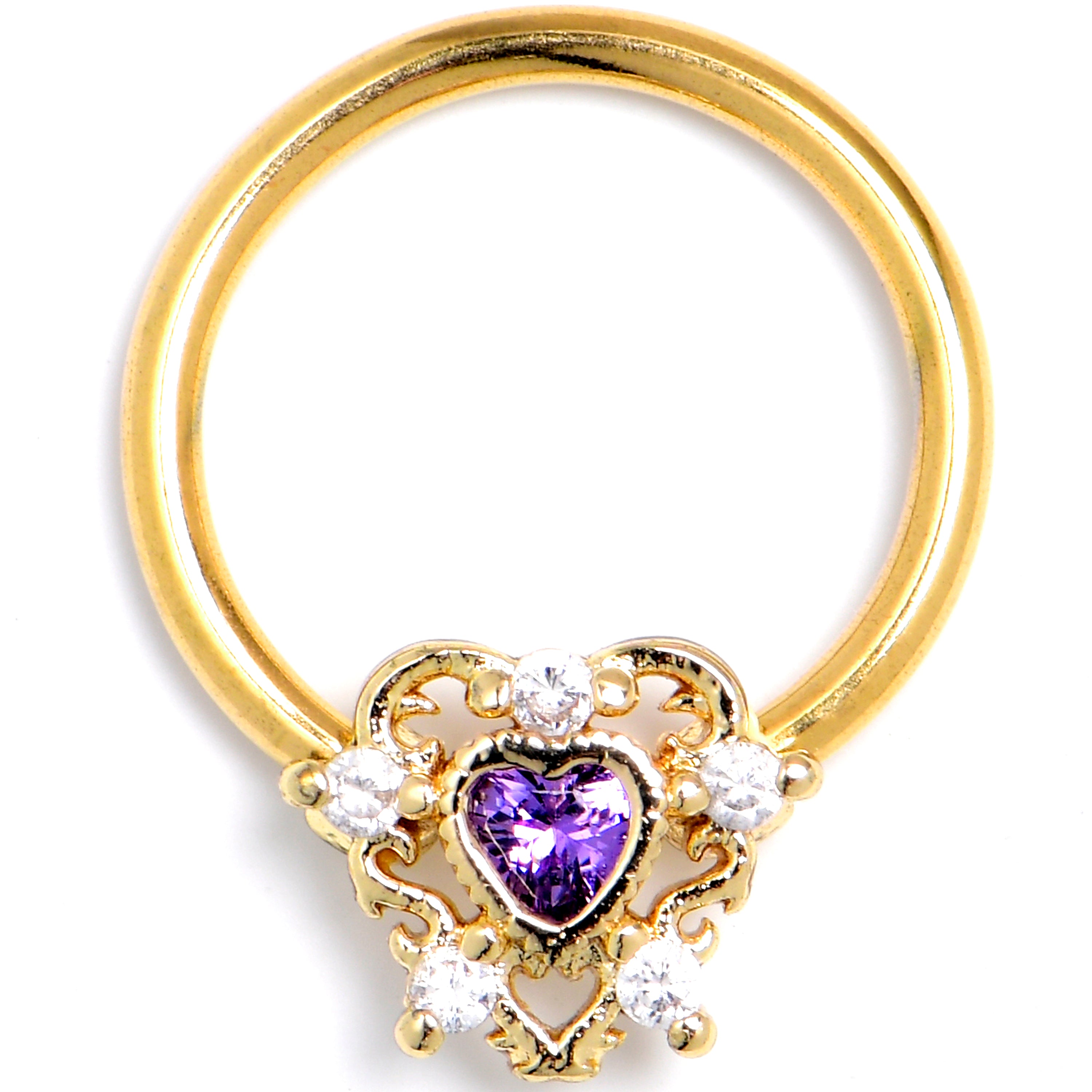 16 Gauge Purple CZ Gem Gold Tone Heart of Love BCR Captive Ring