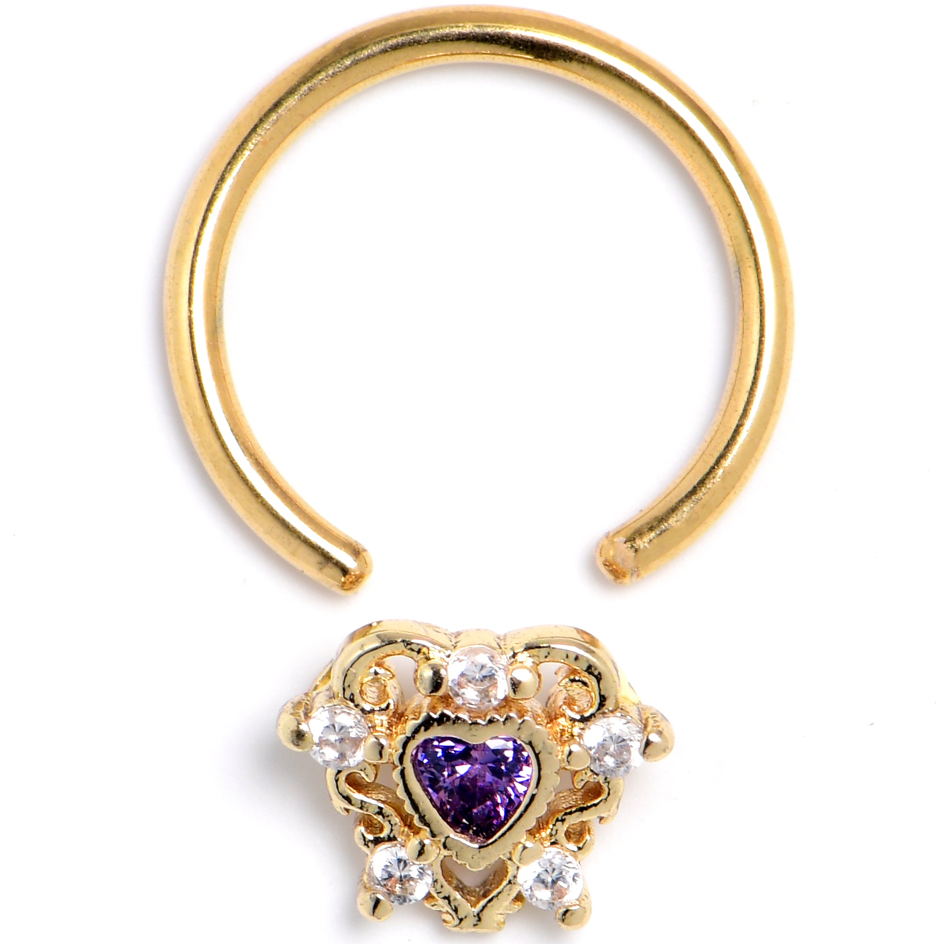 16 Gauge Purple CZ Gem Gold Tone Heart of Love BCR Captive Ring