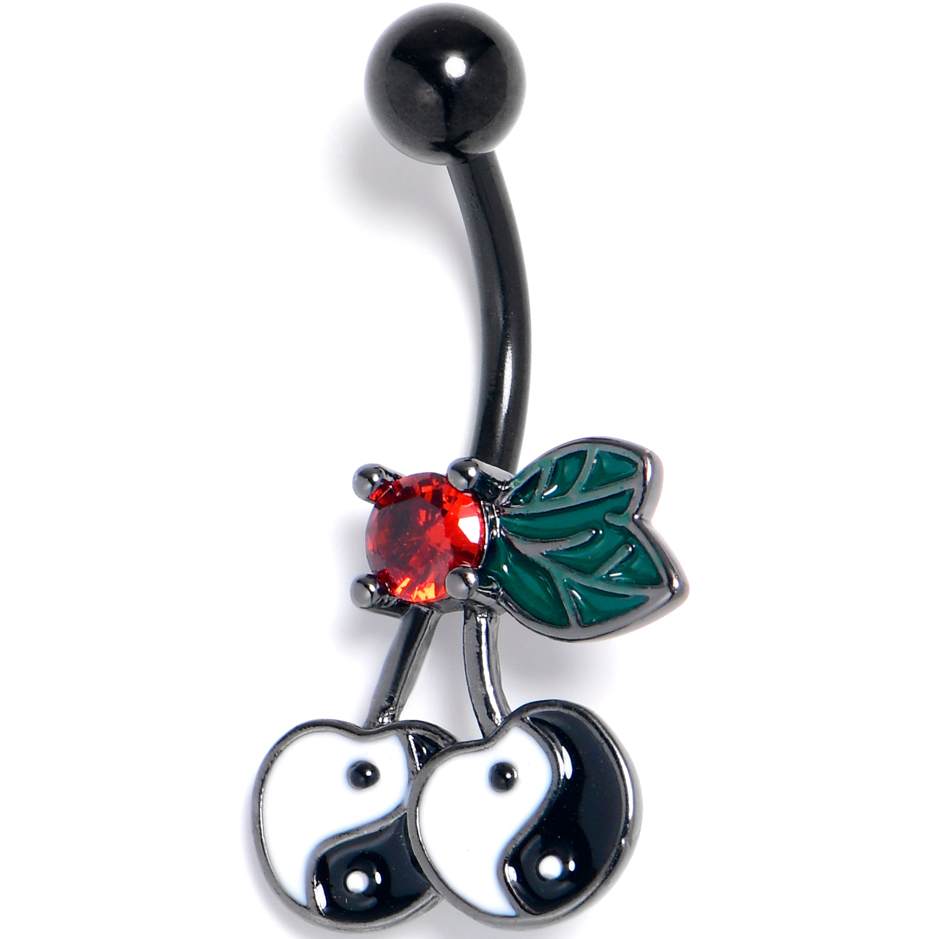 Red CZ Gem Black Yin Yang Cherry Belly Ring