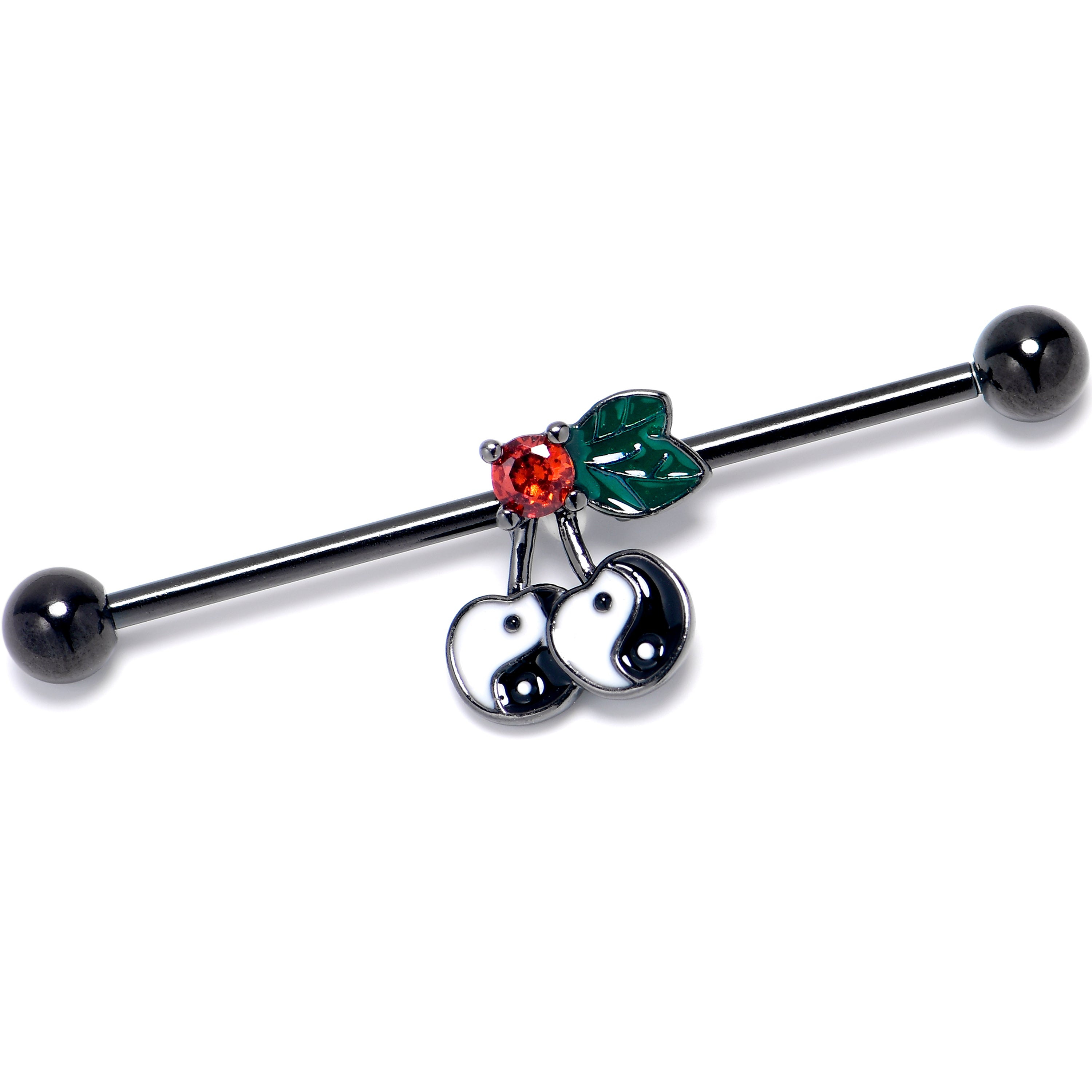 14 Gauge Red CZ Gem Black Yin Yang Cherry Industrial Barbell 38mm