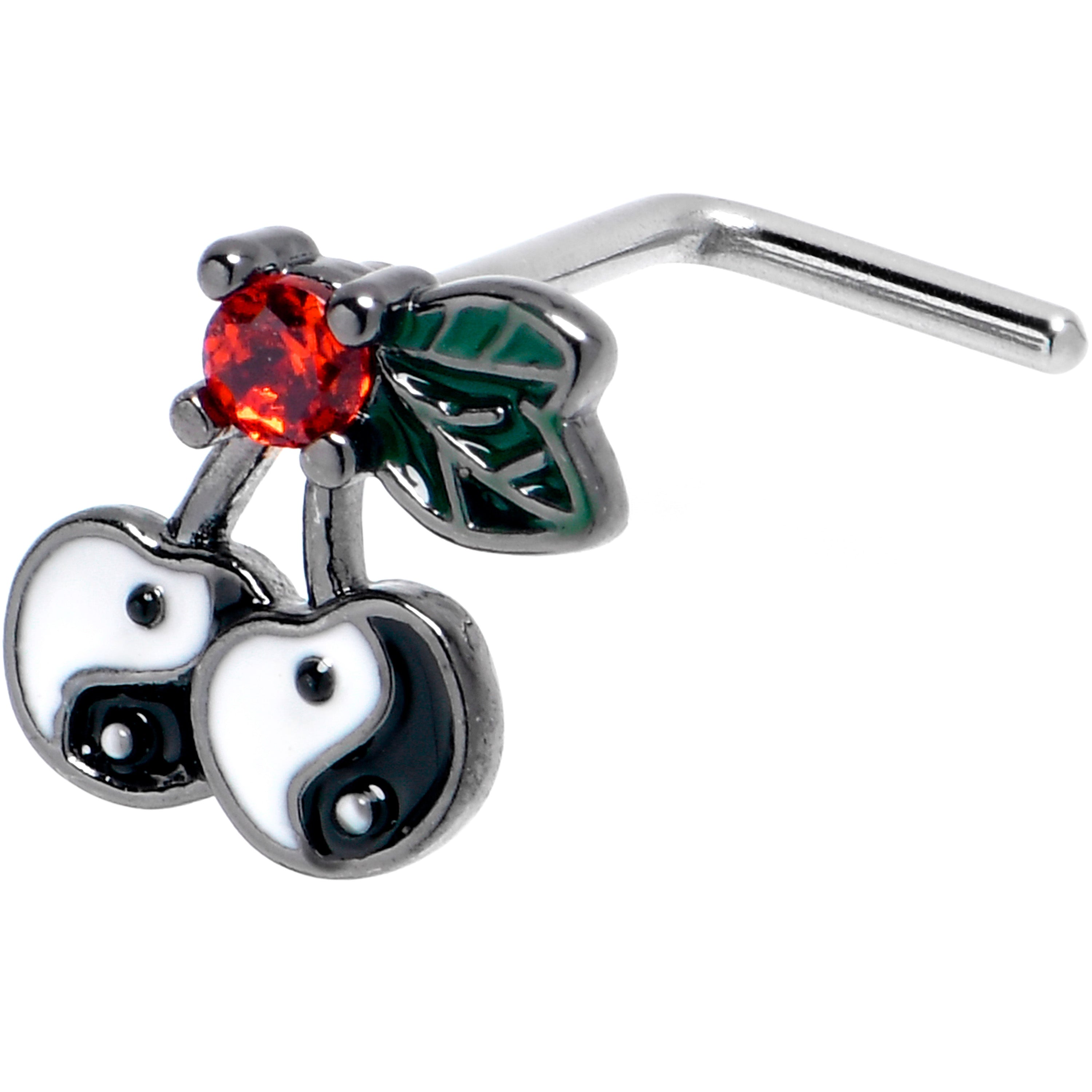 20 Gauge 7mm Red CZ Gem Yin Yang Cherry L Shape Nose Ring