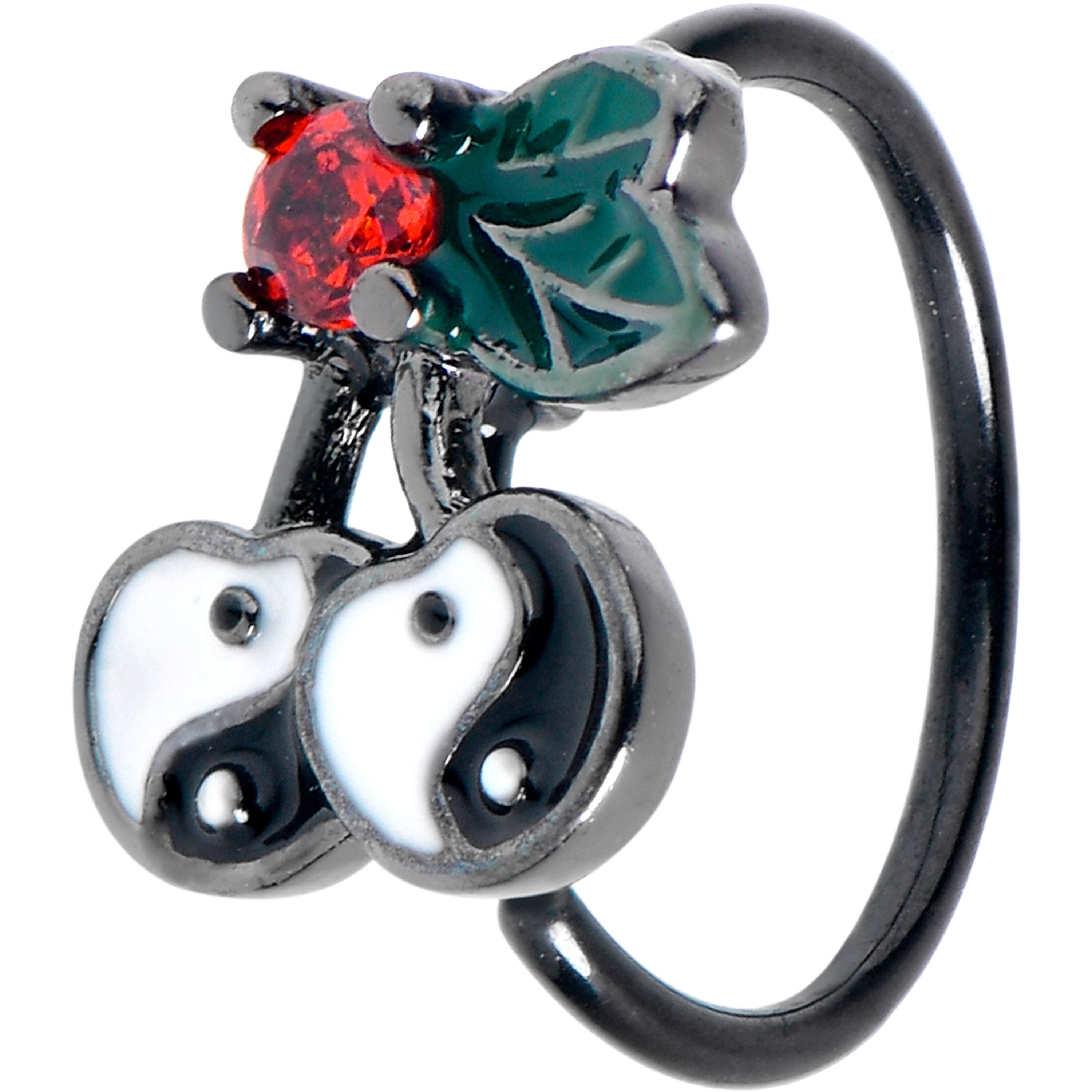 20 Gauge 5/16 Red CZ Gem Black Yin Yang Cherry Nose Hoop