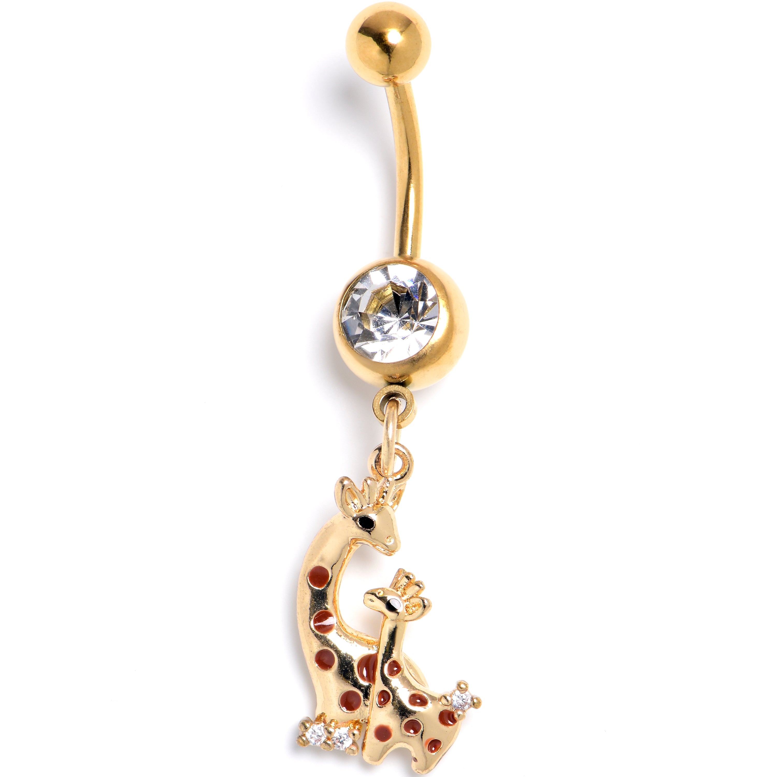 Clear CZ Gem Gold Tone Mom Baby Giraffes Dangle Belly Ring