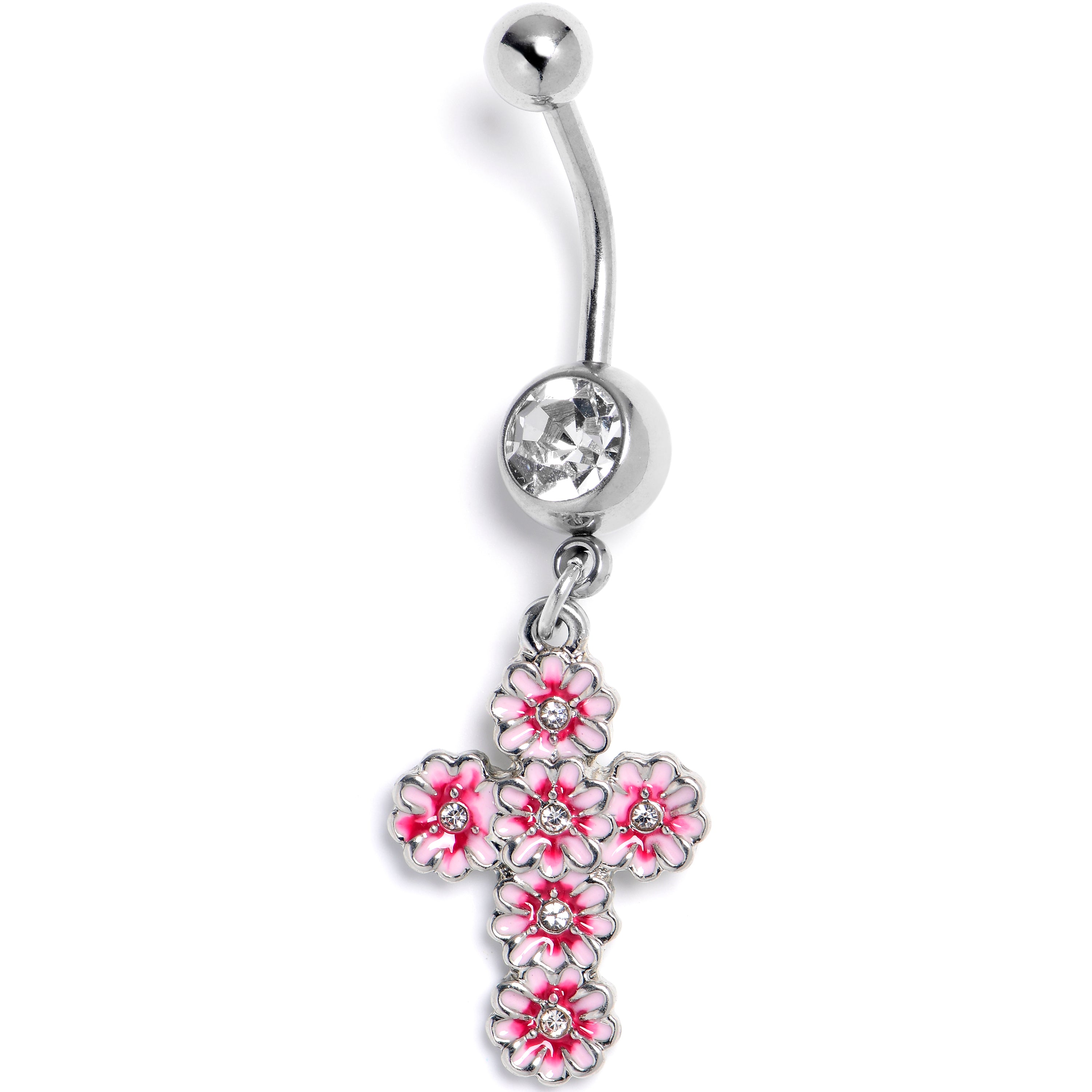 Clear Gem Perfectly Pink Flower Cross Dangle Belly Ring