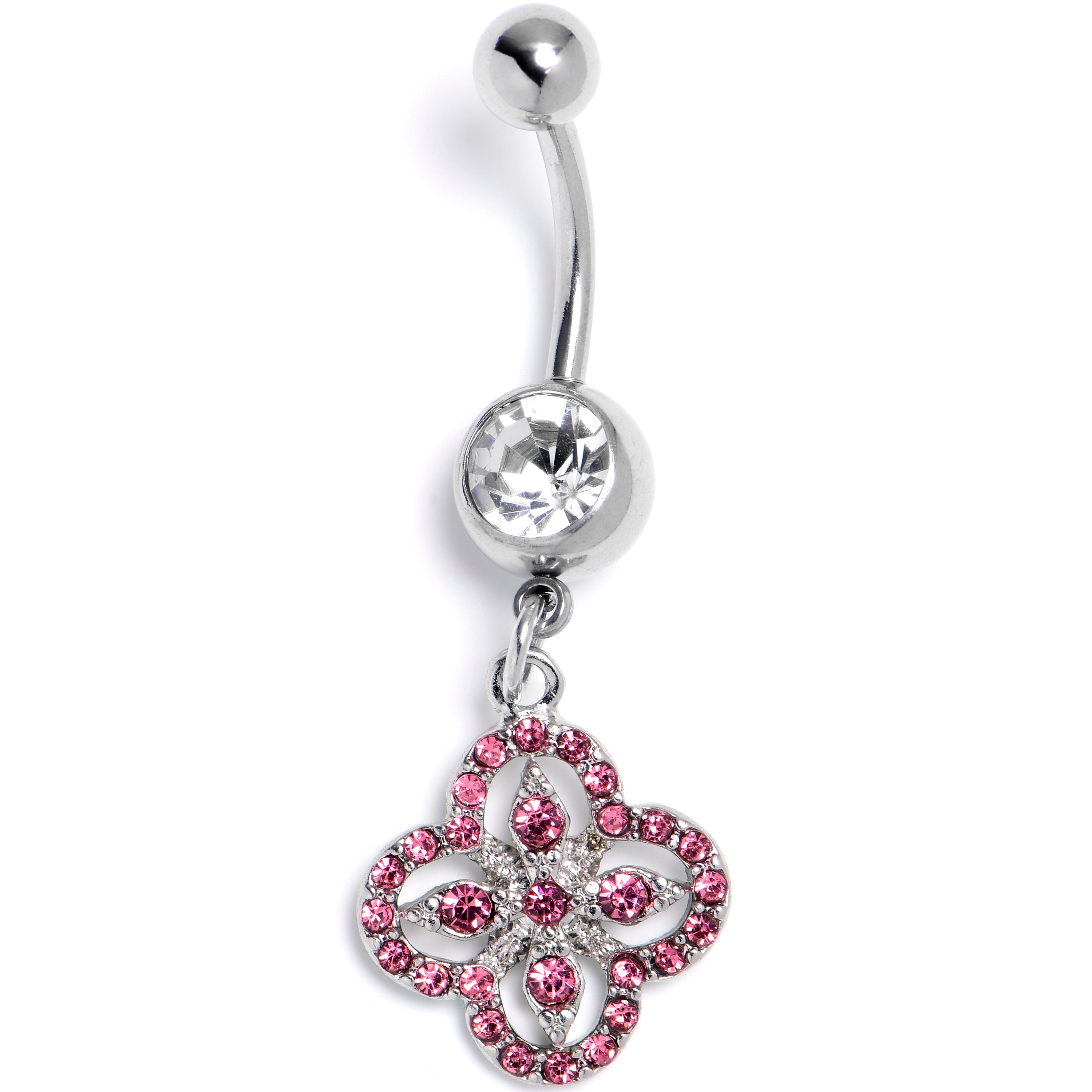 Clear Pink Gem Curved Cross Dangle Belly Ring