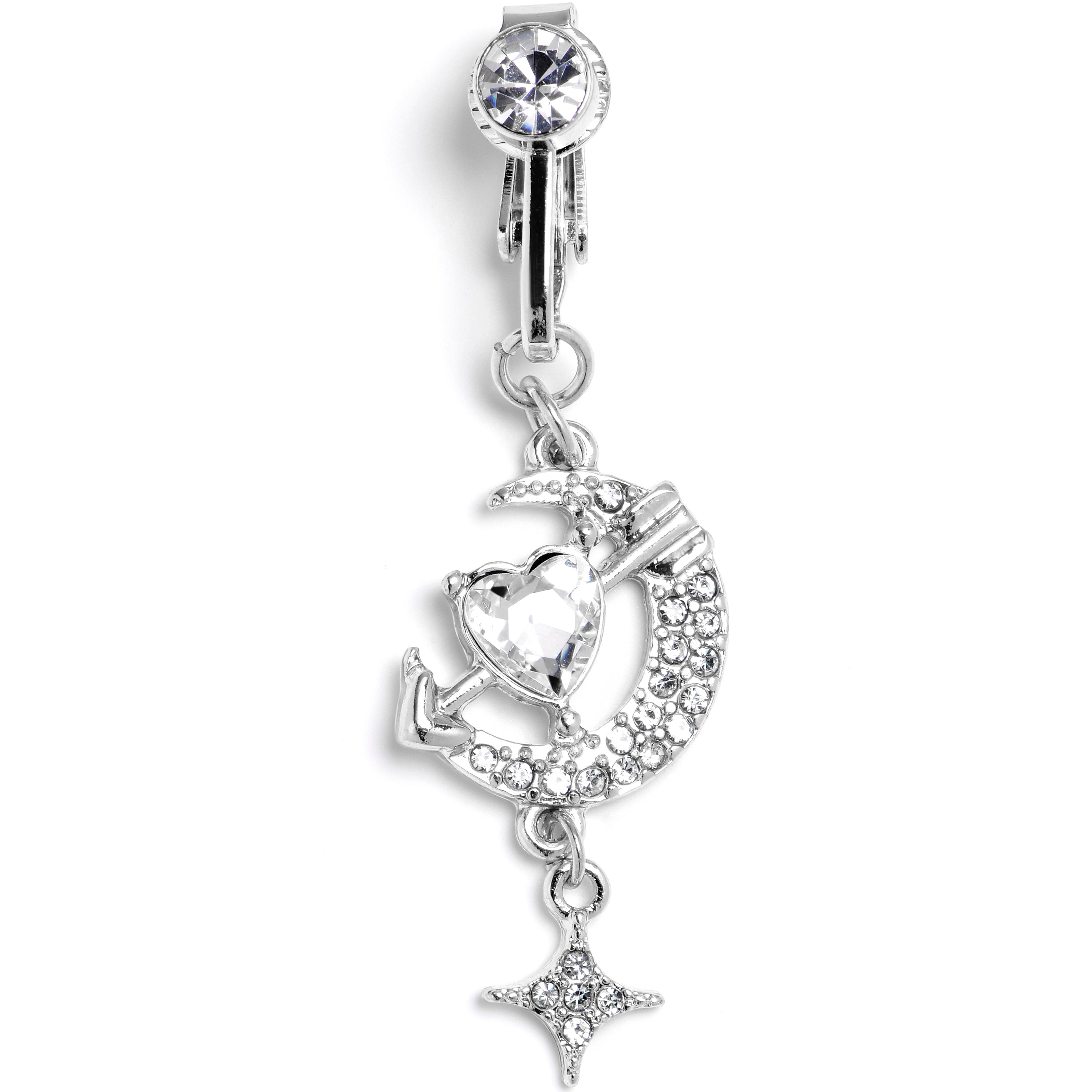 Clear Gem Moon Lover Dangle Clip On Fake Belly Ring