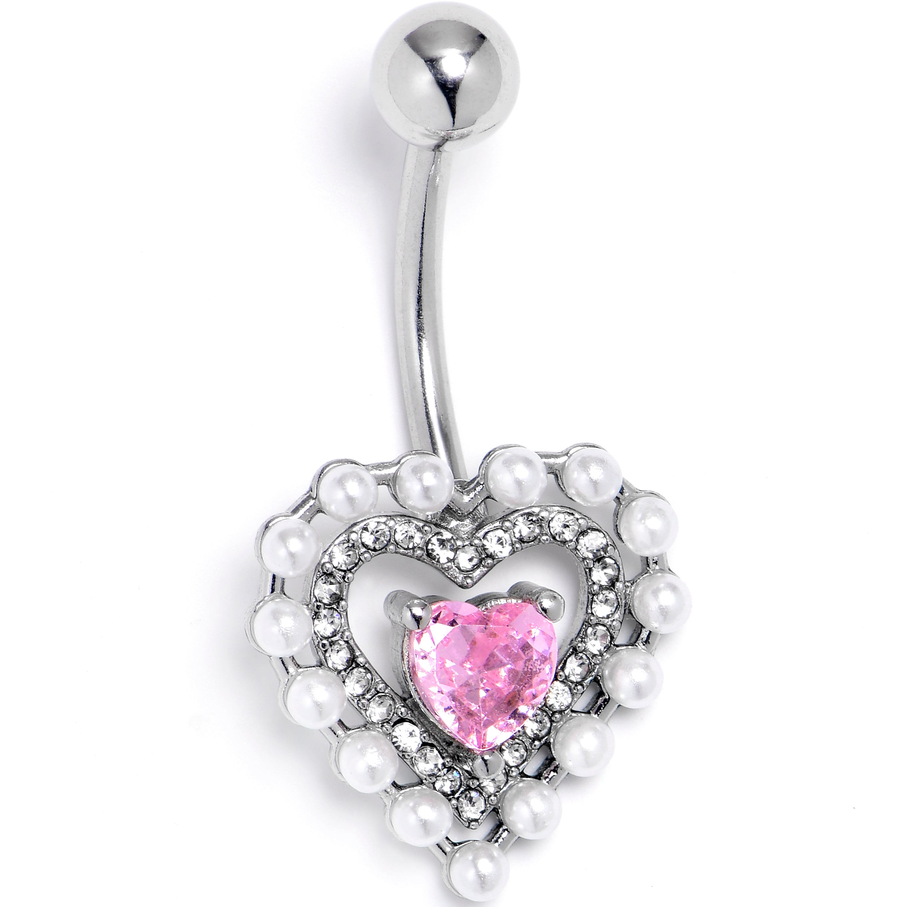 Pink CZ Gem Pearly Heart Pair Belly Ring