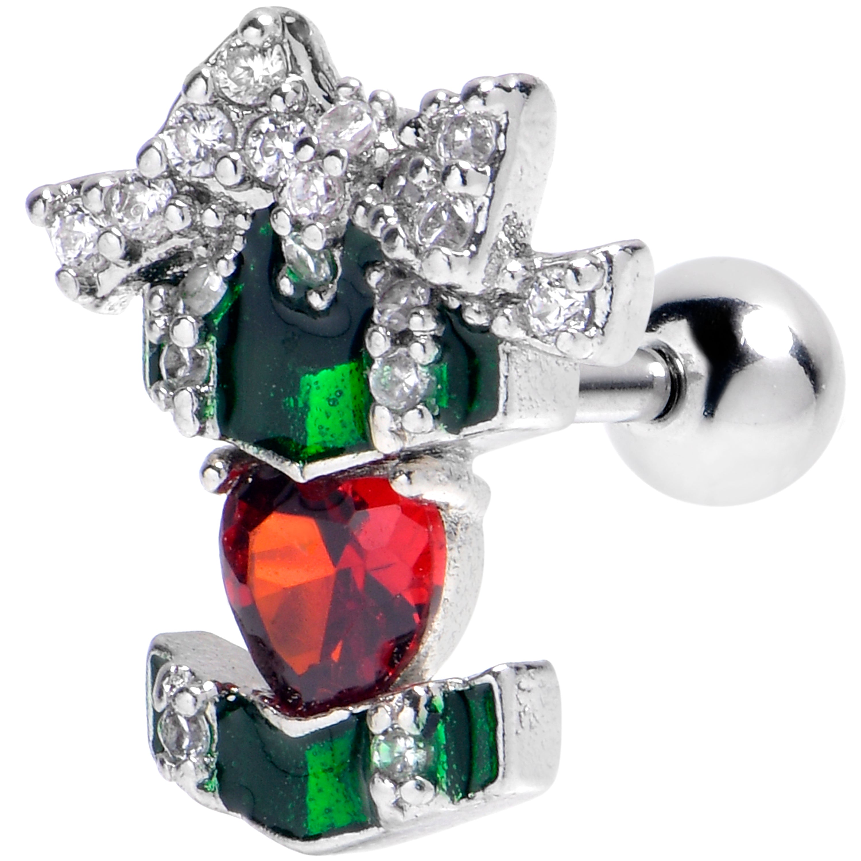 16 Gauge 1/4 Green Red Gem Holiday Abstract Heart Cartilage Earring