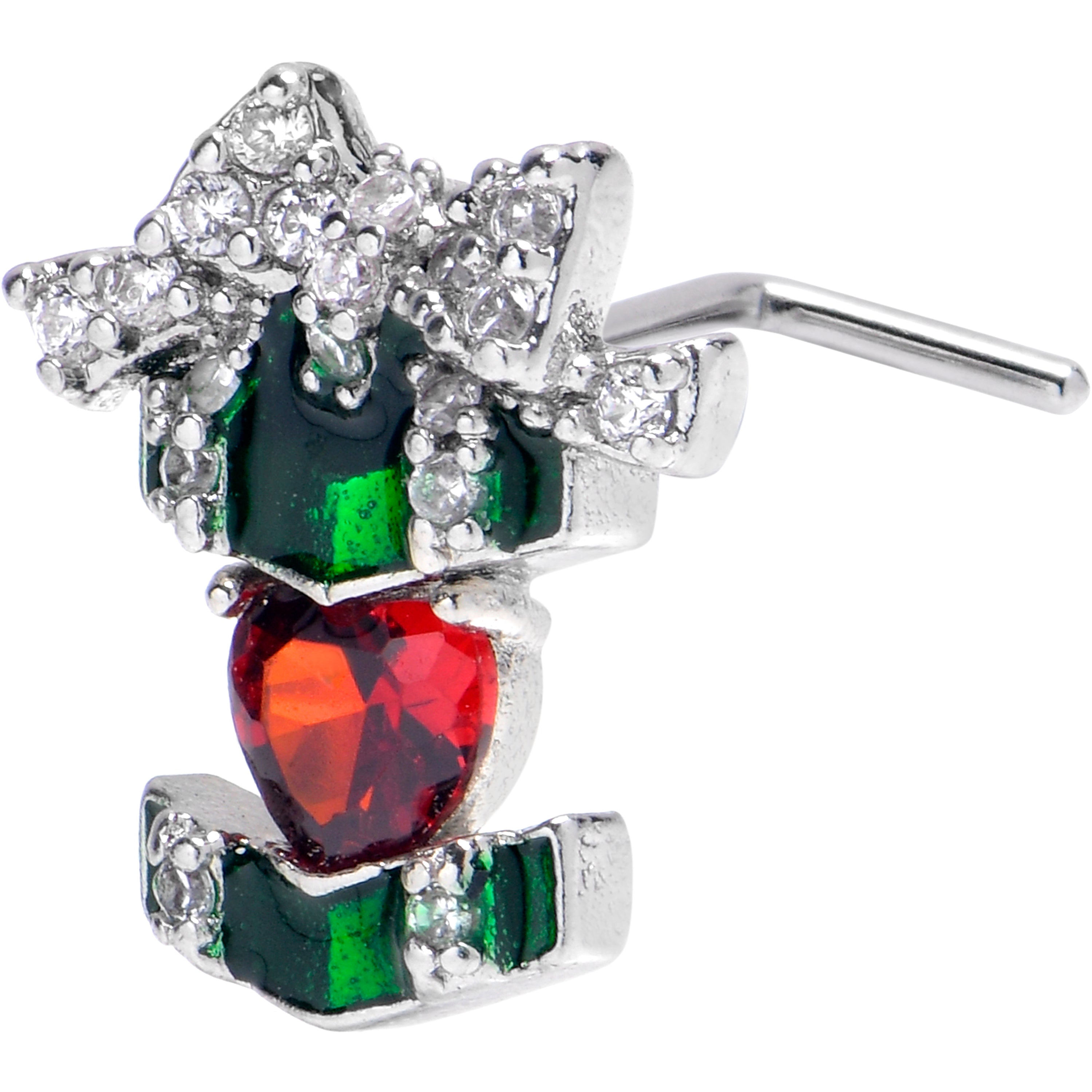 20 Gauge 7mm Red Green Gem Holiday Abstract Heart L Shape Nose Ring