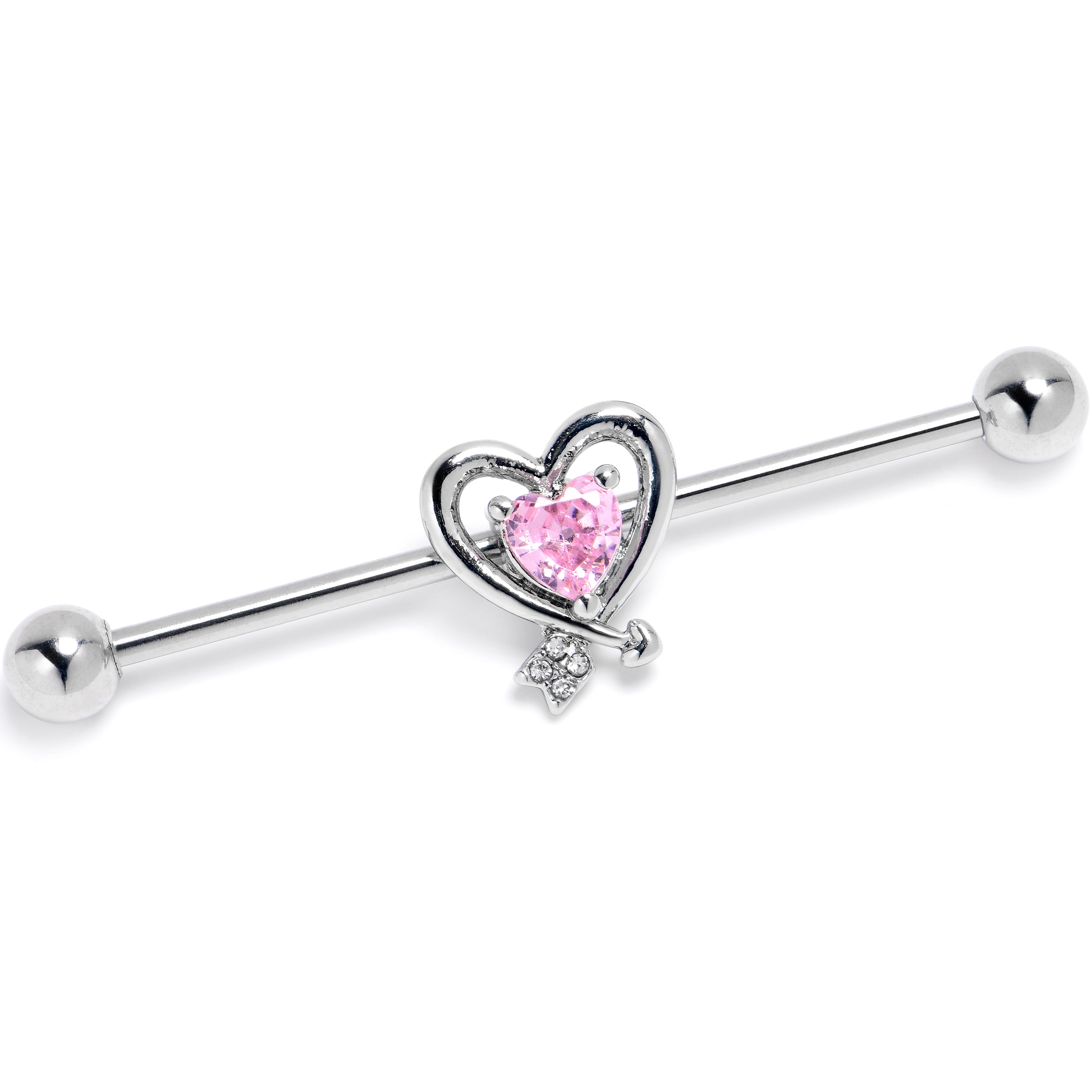 14 Gauge Pink CZ Gem Wrapped in Heart Industrial Barbell 38mm