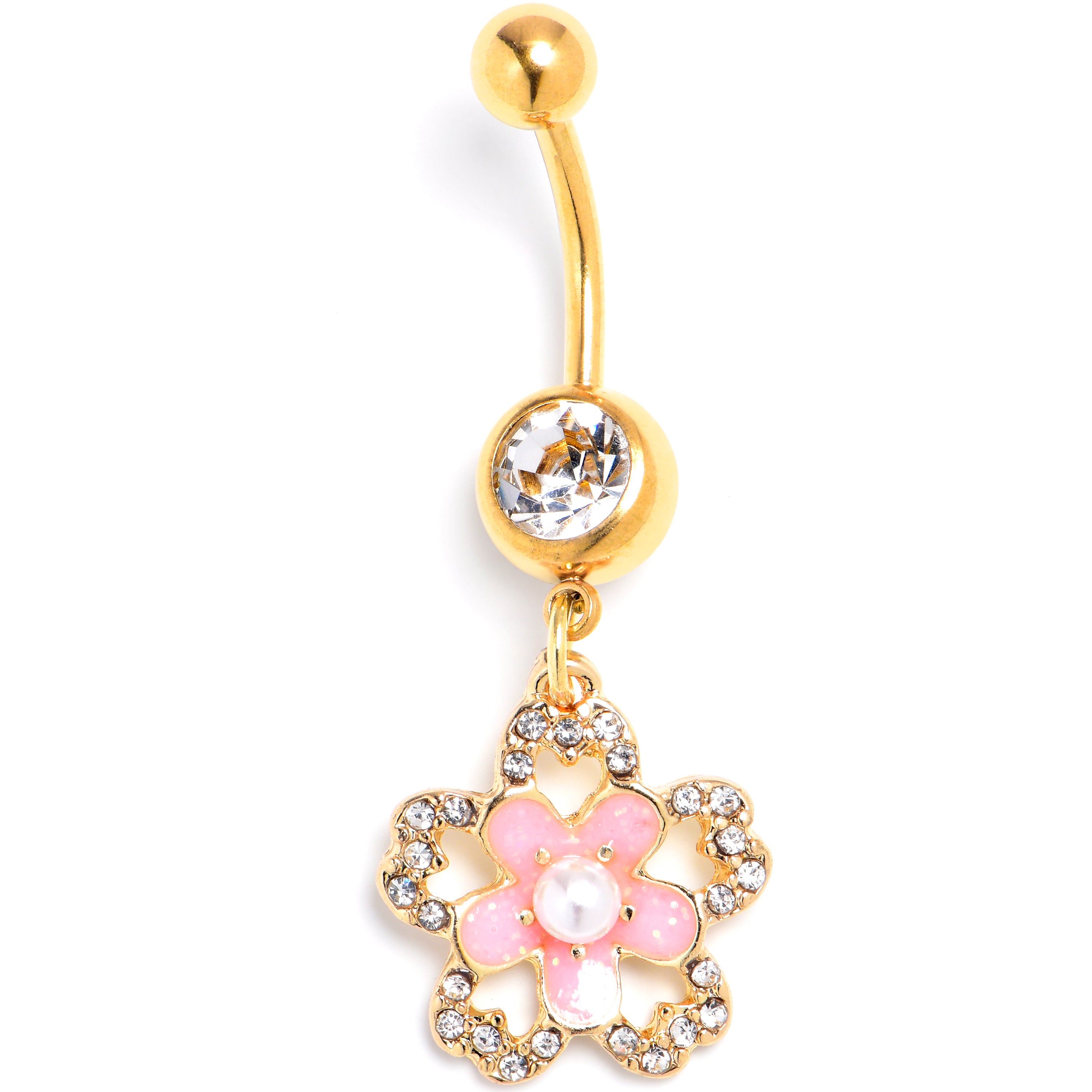 Clear Gem Gold Tone Flower Double Pink Dangle Belly Ring