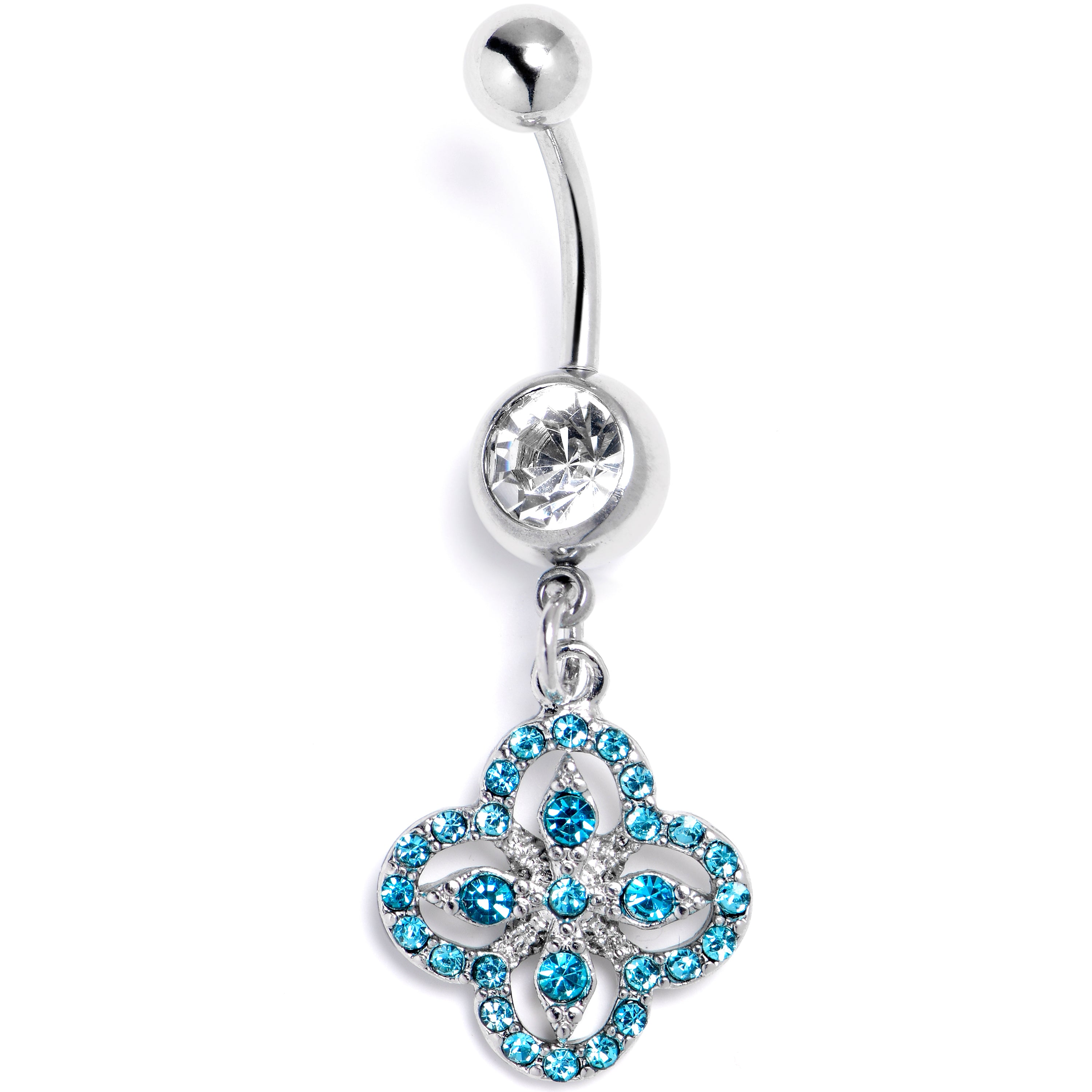 Clear Blue Gem Curved Cross Dangle Belly Ring