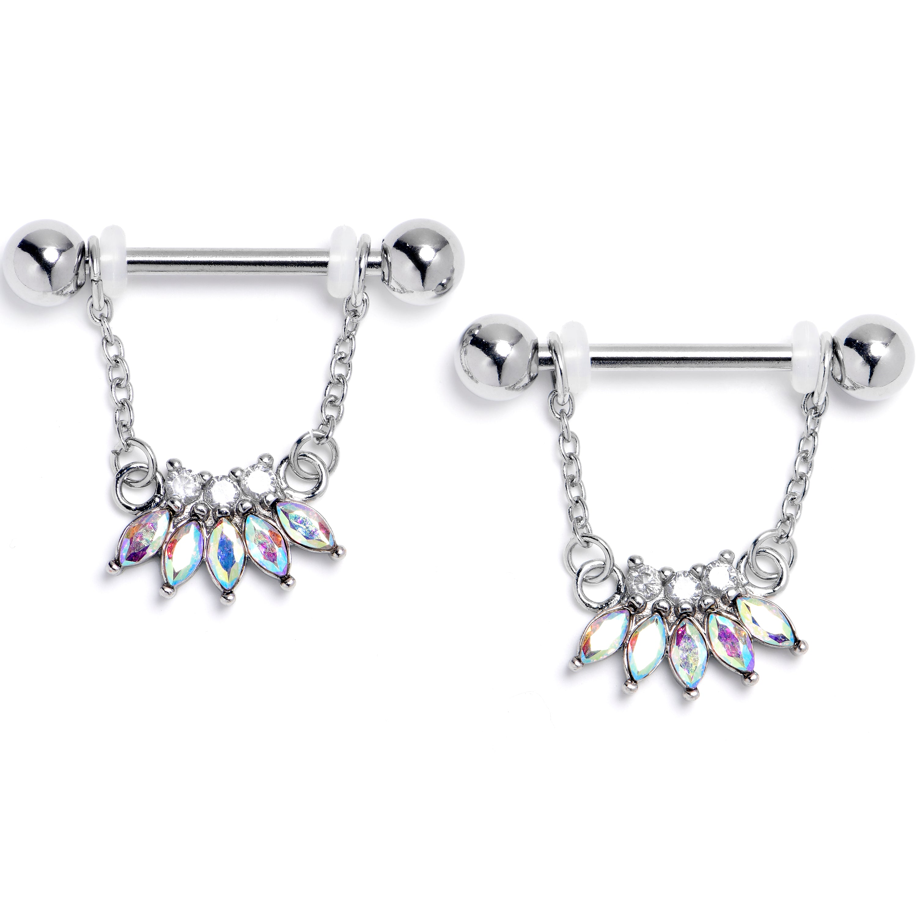 14 Gauge 9/16 Aurora Gem Fashion Fan Chain Dangle Nipple Ring Set