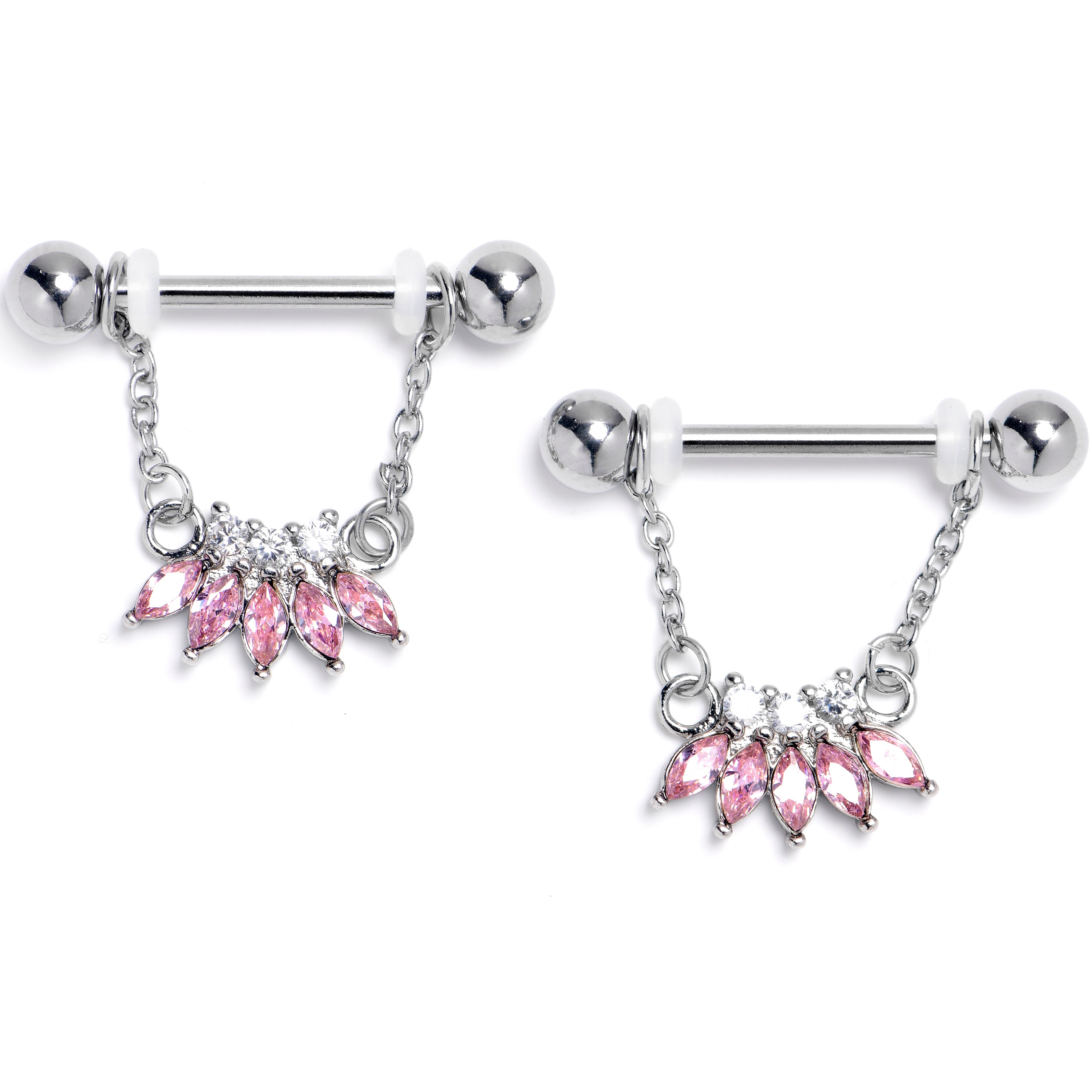 14 Gauge 9/16 Pink Gem Fashion Fan Chain Dangle Nipple Ring Set