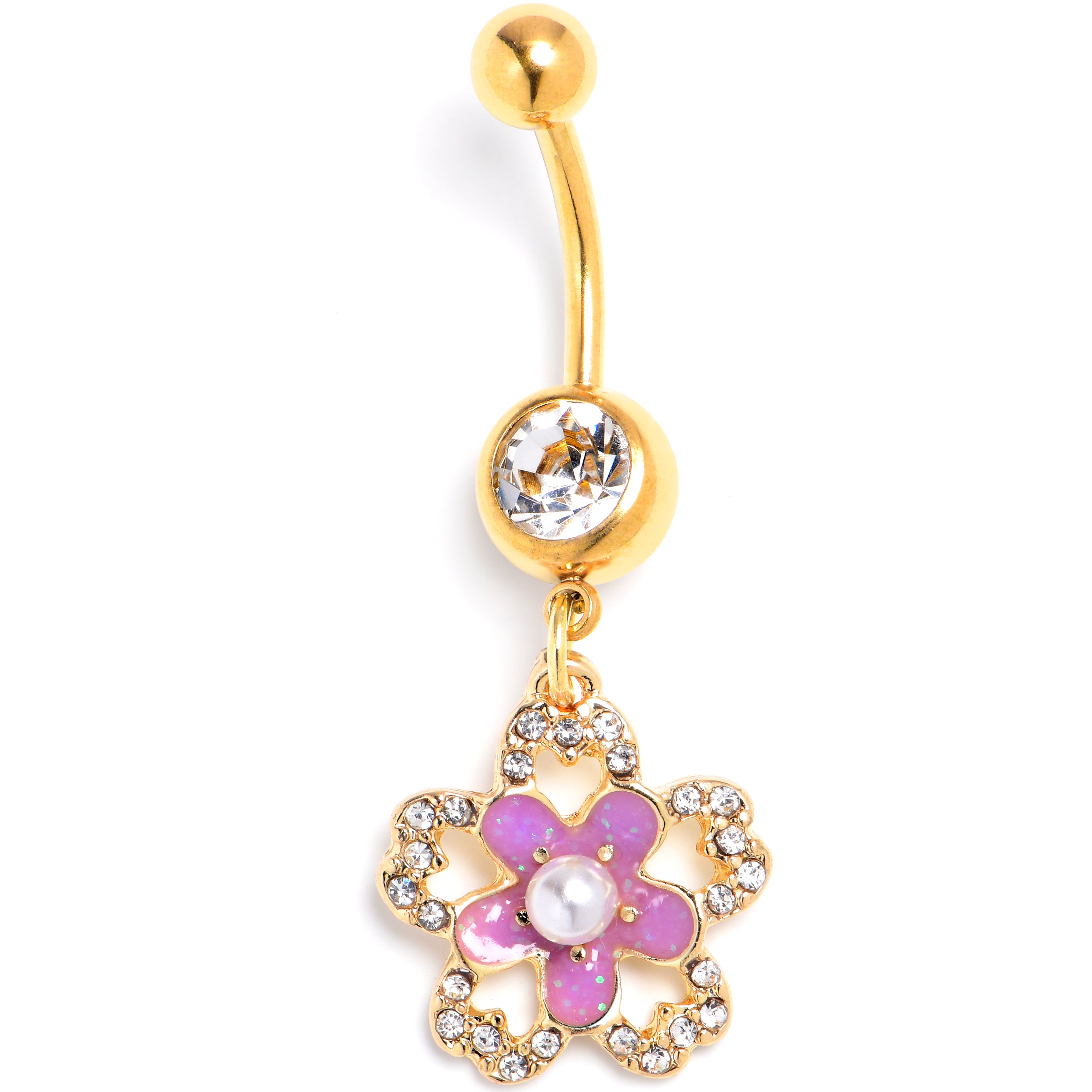 Clear Gem Gold Tone Flower Double Purple Dangle Belly Ring