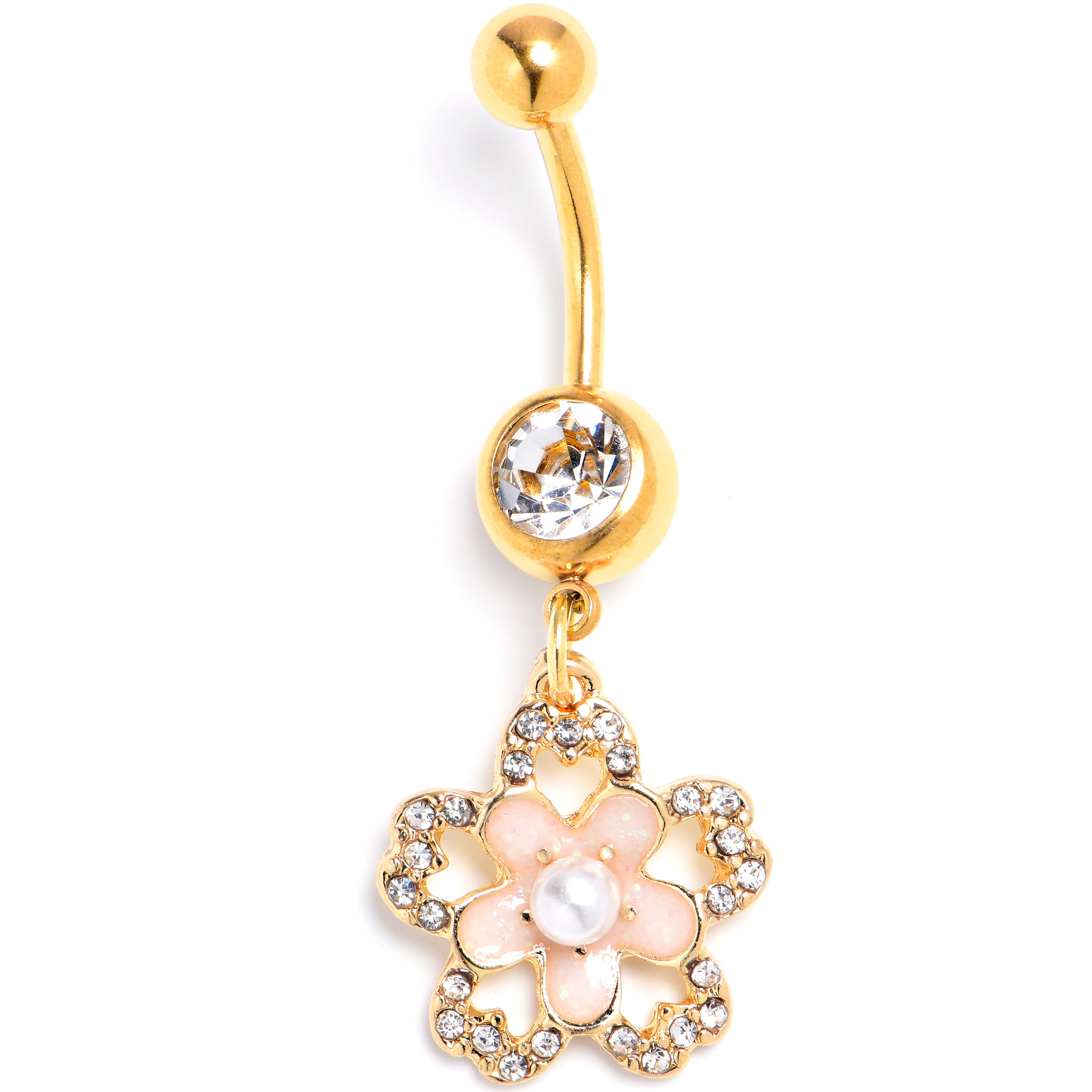 Clear Gem Gold Tone Flower Double Peach Dangle Belly Ring