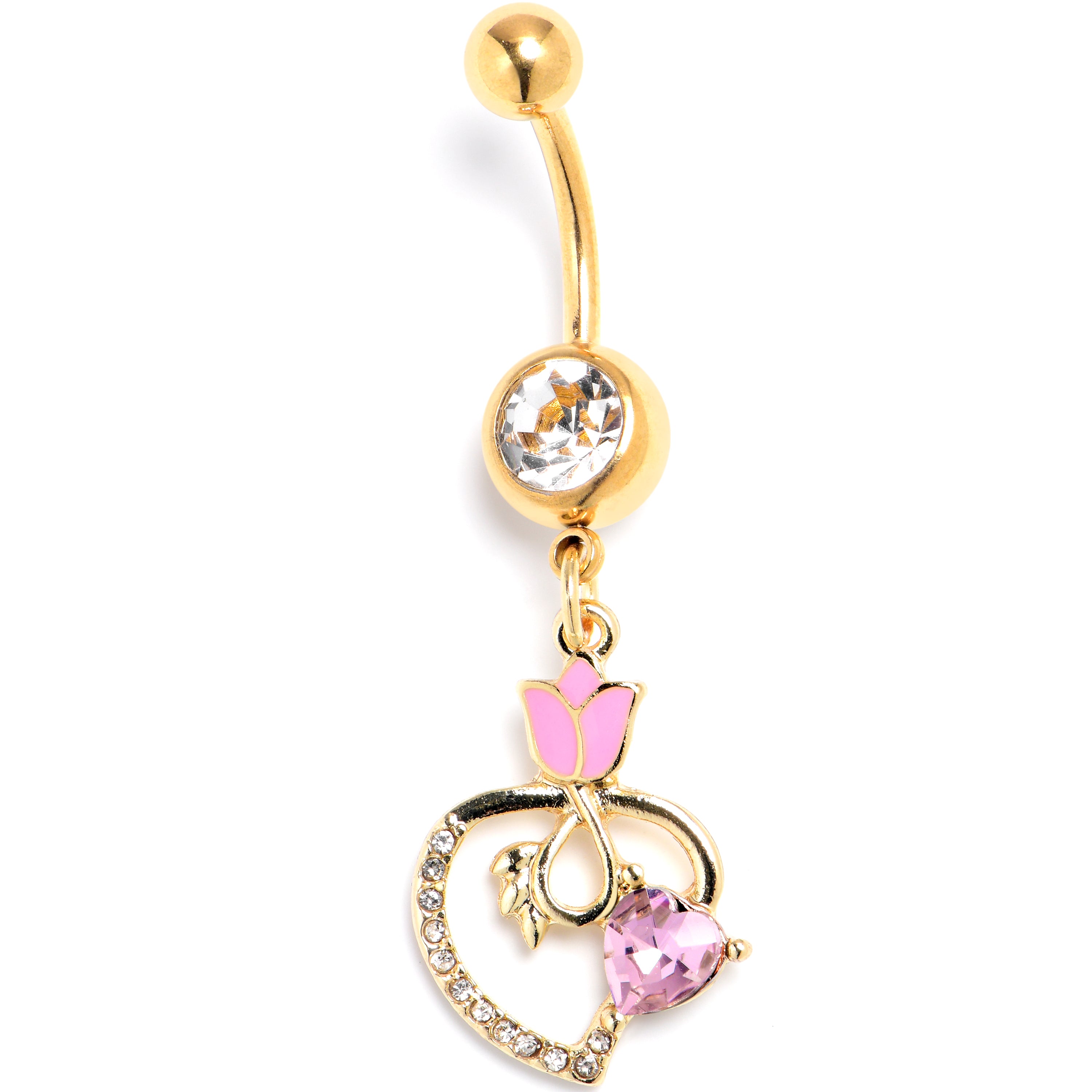 Pink Clear Gem Gold Tone Tulip Heart Flower Dangle Belly Ring