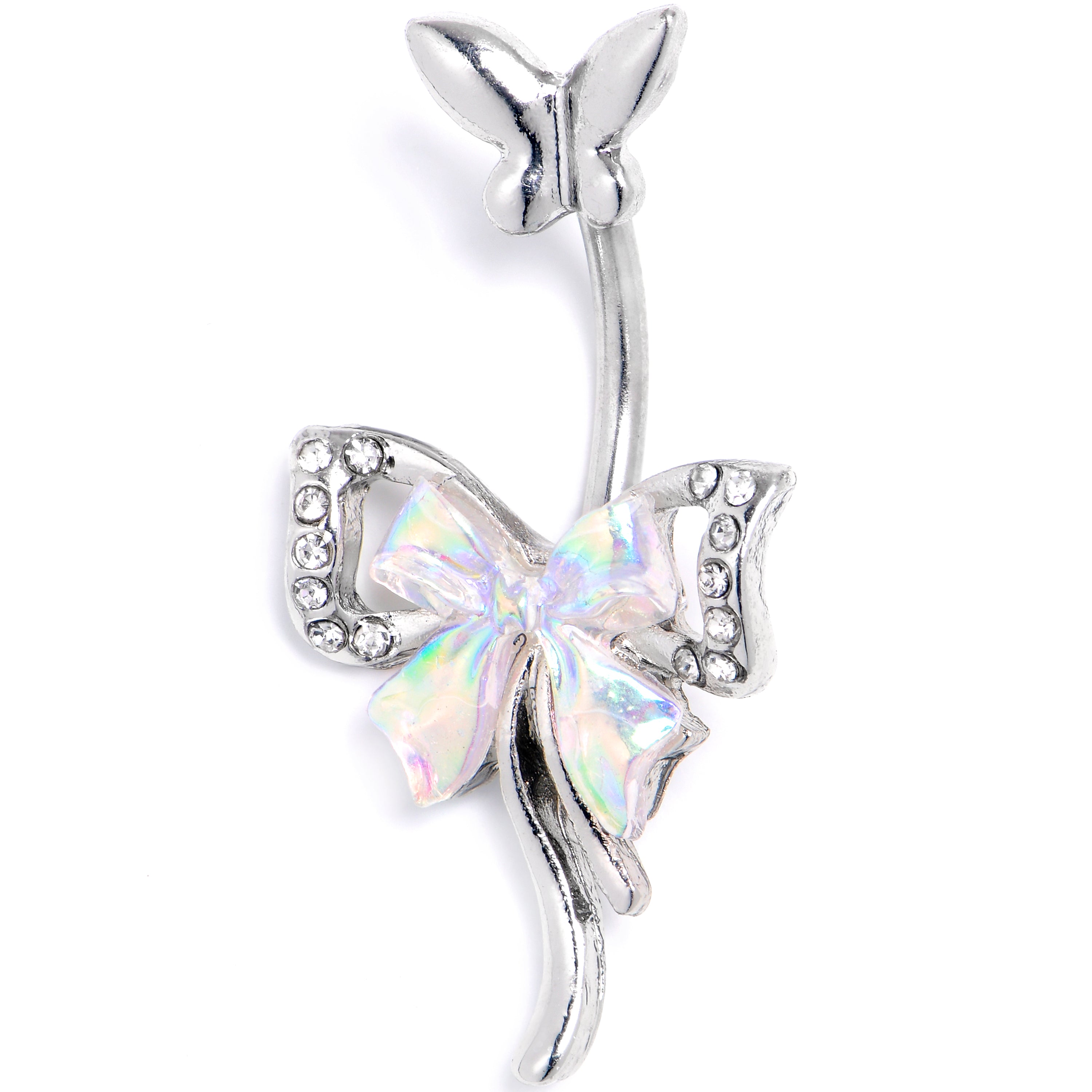 Clear Aurora Gem Butterfly Ribbon Beauty Double Mount Belly Ring