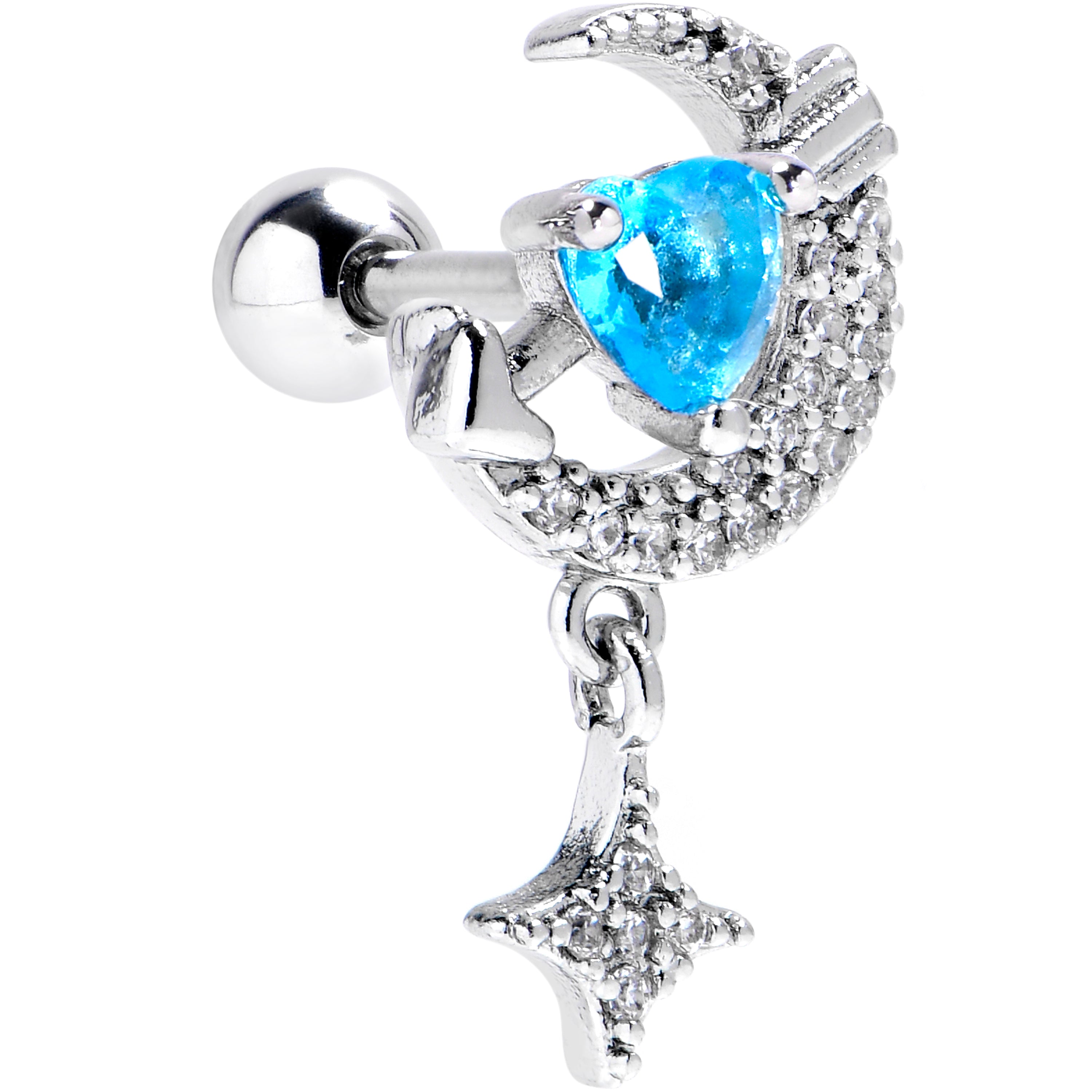 16 Gauge 1/4 Blue CZ Gem Moon Lover Dangle Cartilage Tragus Earring