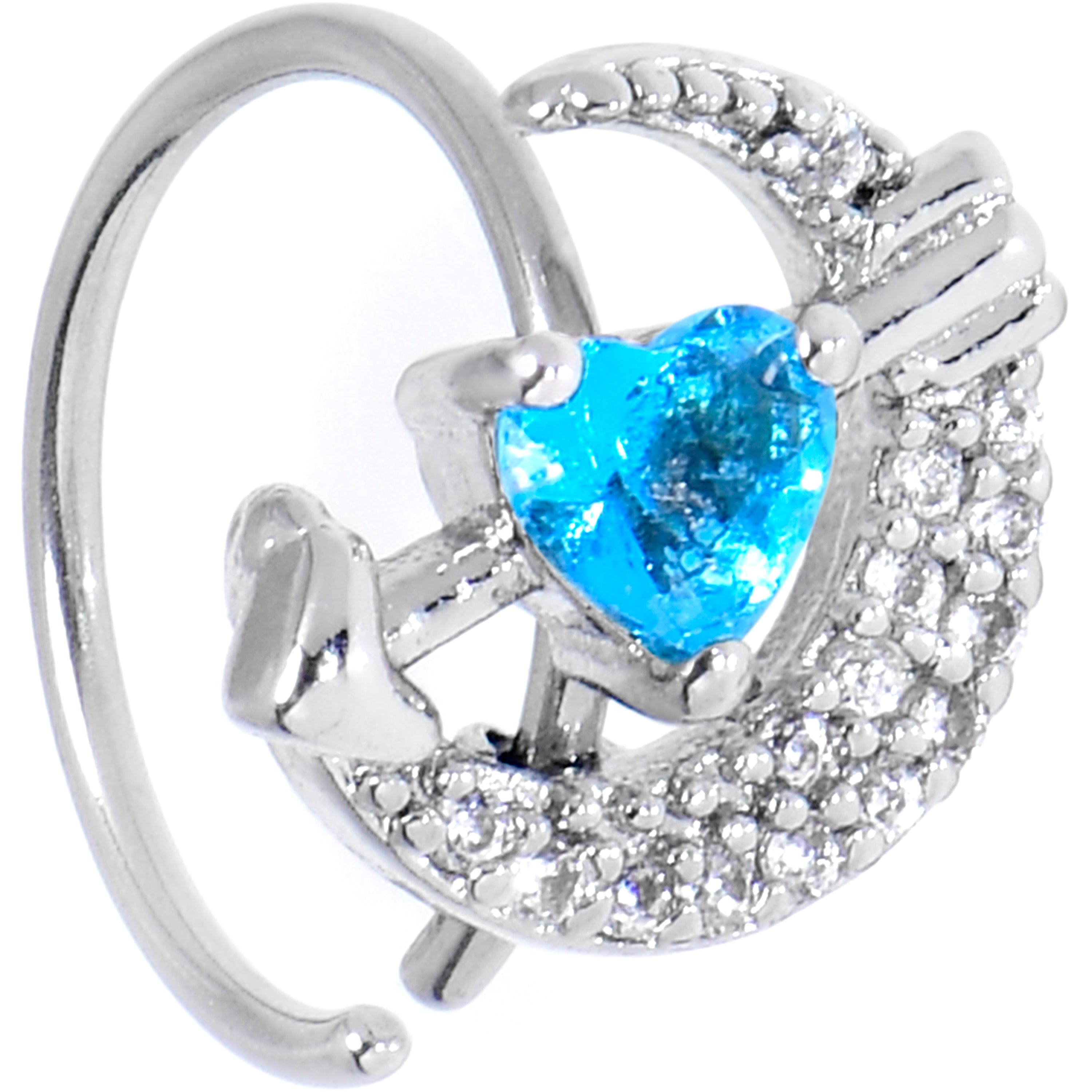 20 Gauge 5/16 Blue CZ Gem Moon Lover Nose Hoop