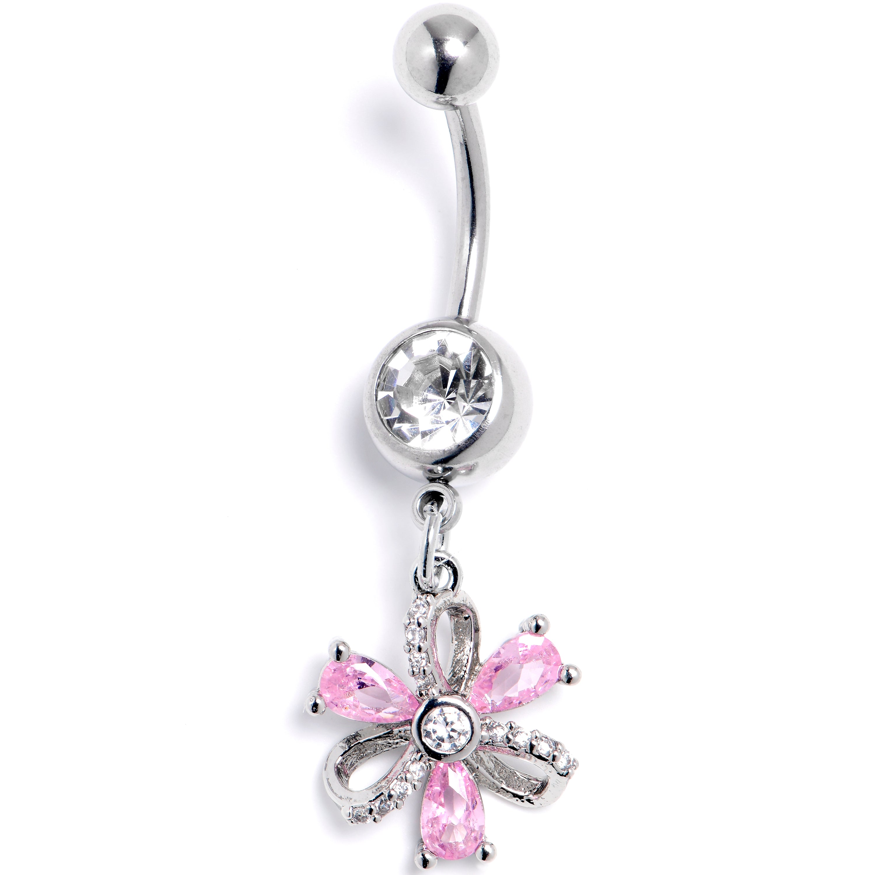 Clear Pink CZ Gem Bling Flower Dangle Belly Ring