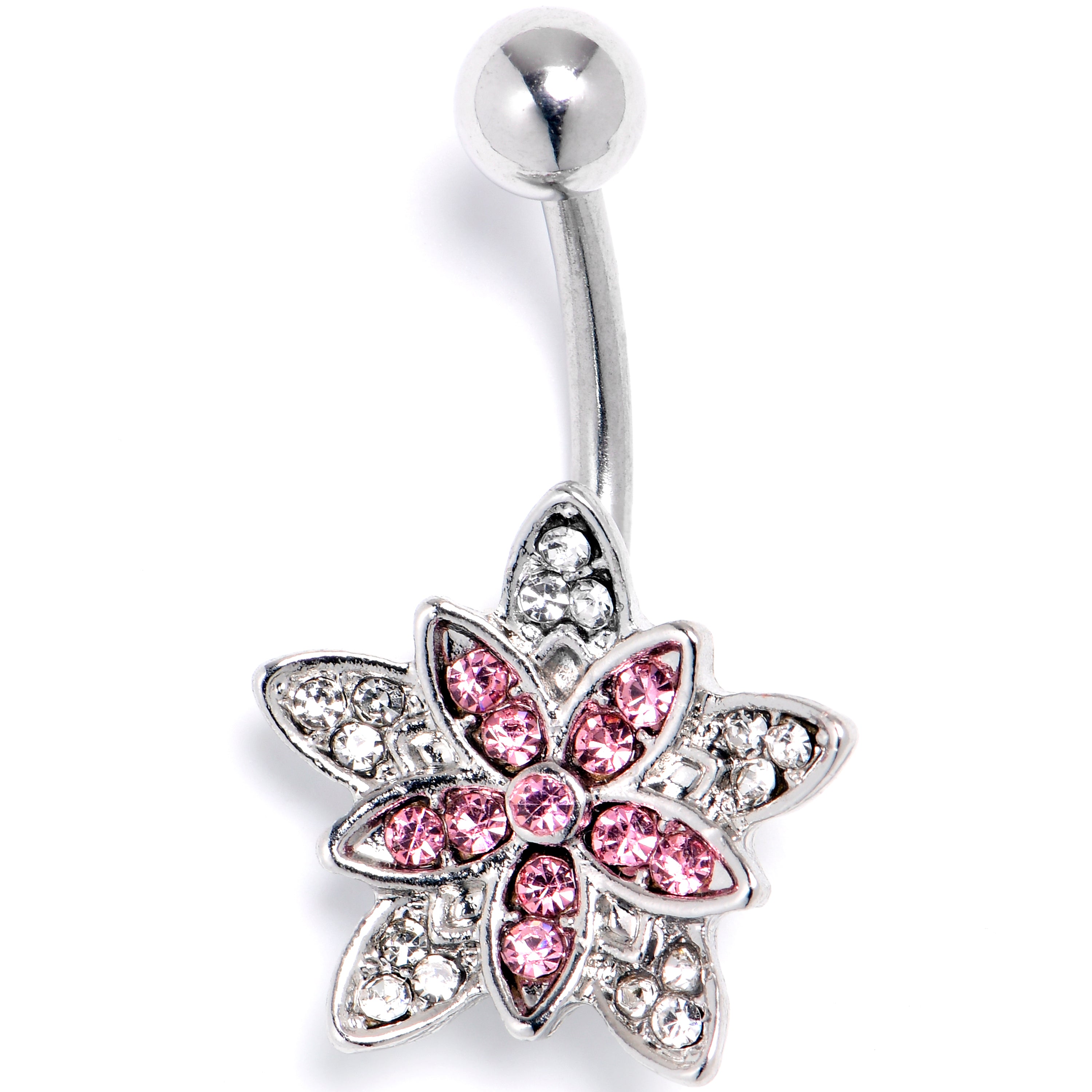 Clear Pink Gem Snowflake Flower Belly Ring